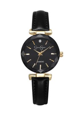 Jessica Simpson Women's Gold Tone Leather Strap Faceted Bezel Watch