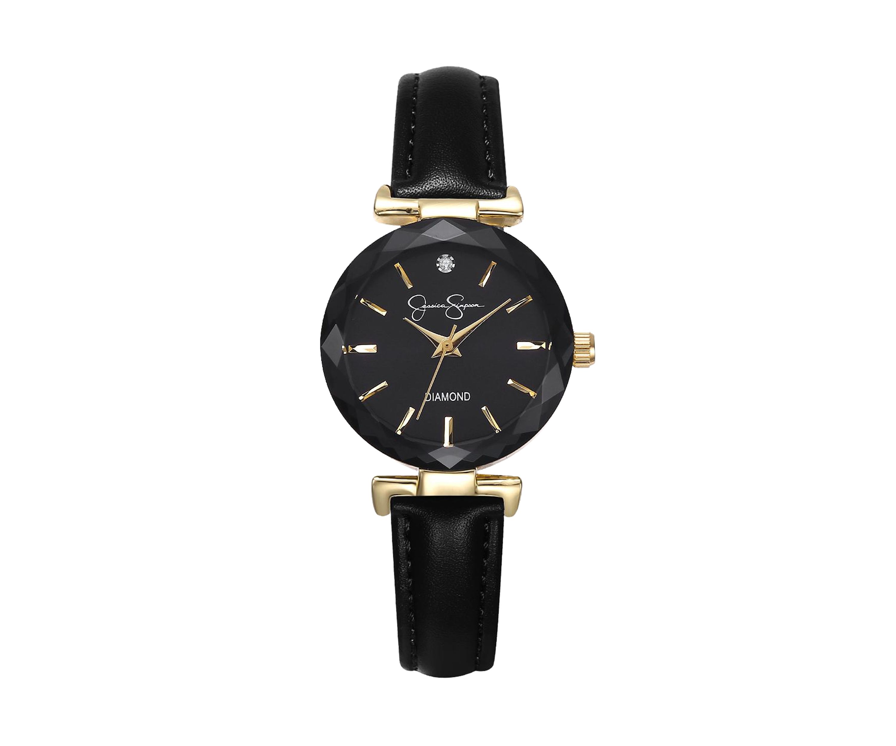 Gold Tone Leather Strap Faceted Bezel Watch