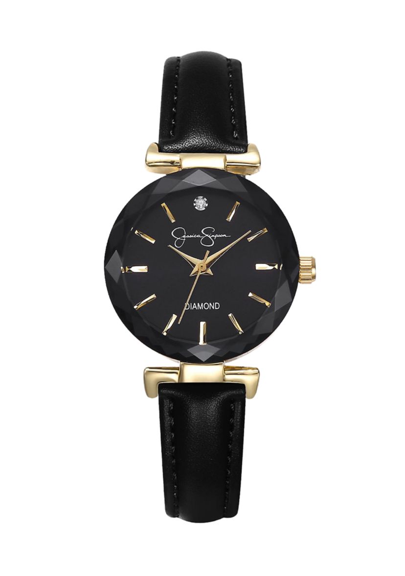 Gold Tone Leather Strap Faceted Bezel Watch