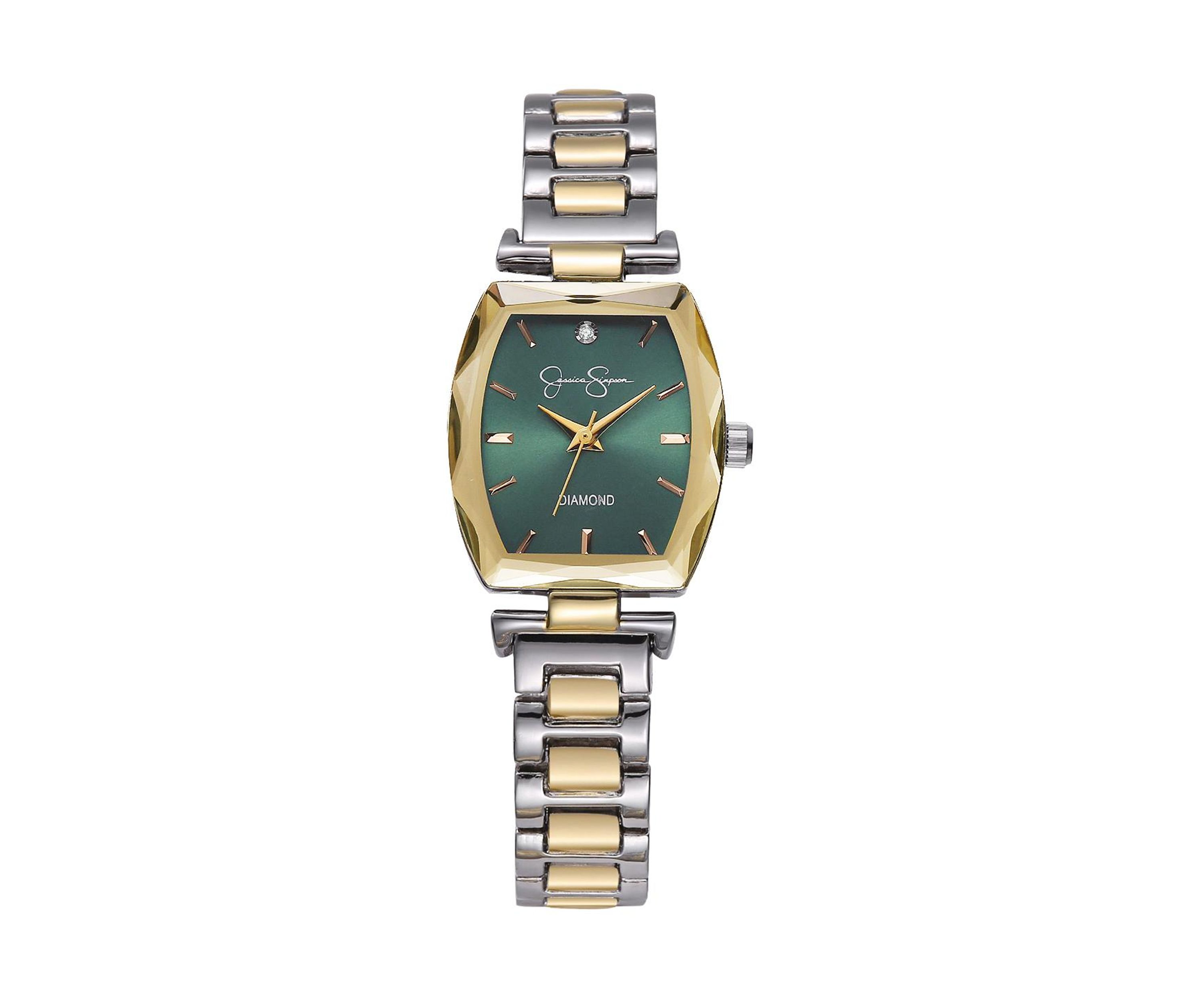 Two Tone Green Dial Faceted Bezel Watch