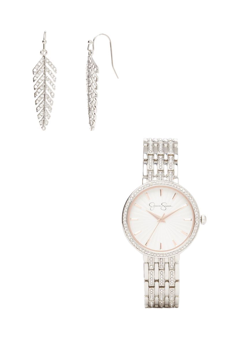 Crystal Bezel Watch and Feather Earrings Set 