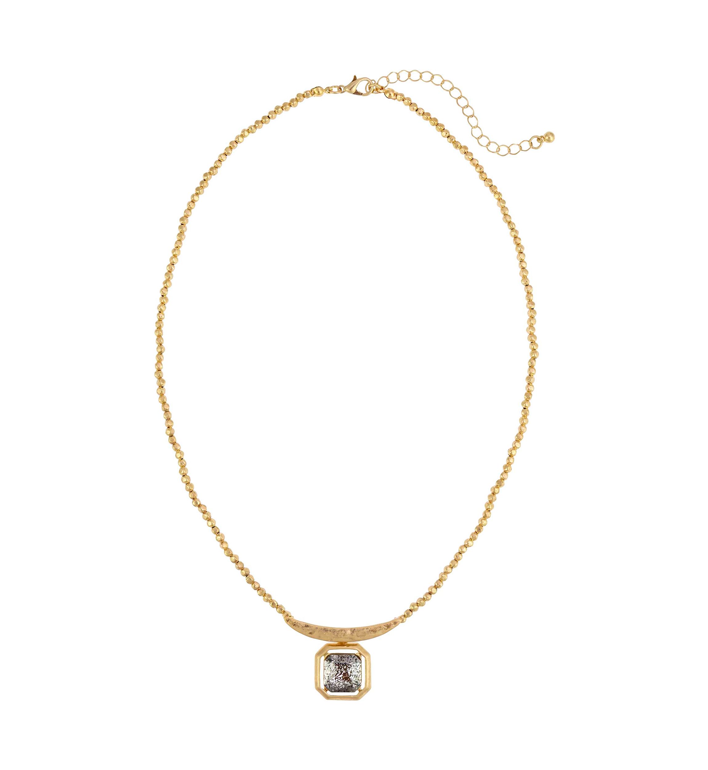 Gold Tone Hematite Short Framed Stone Pendant on Bar Necklace