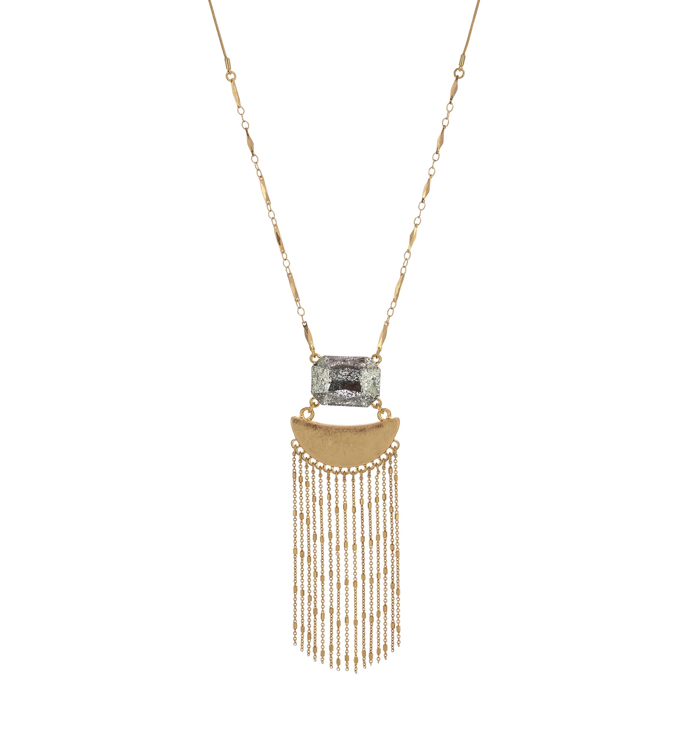 Gold Tone Long Rectangle Hematite Stone with Crescent Pendant on Chain with Tassel Necklace