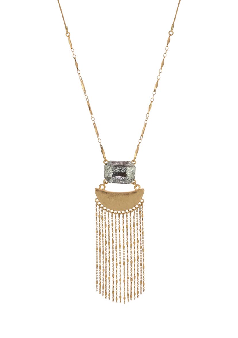 Gold Tone Long Rectangle Hematite Stone with Crescent Pendant on Chain with Tassel Necklace