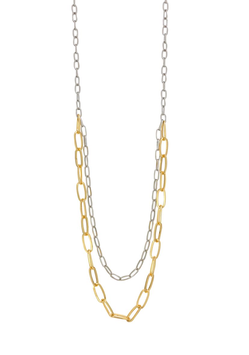 Two-Tone 2-Row Long Chain Link Necklace 