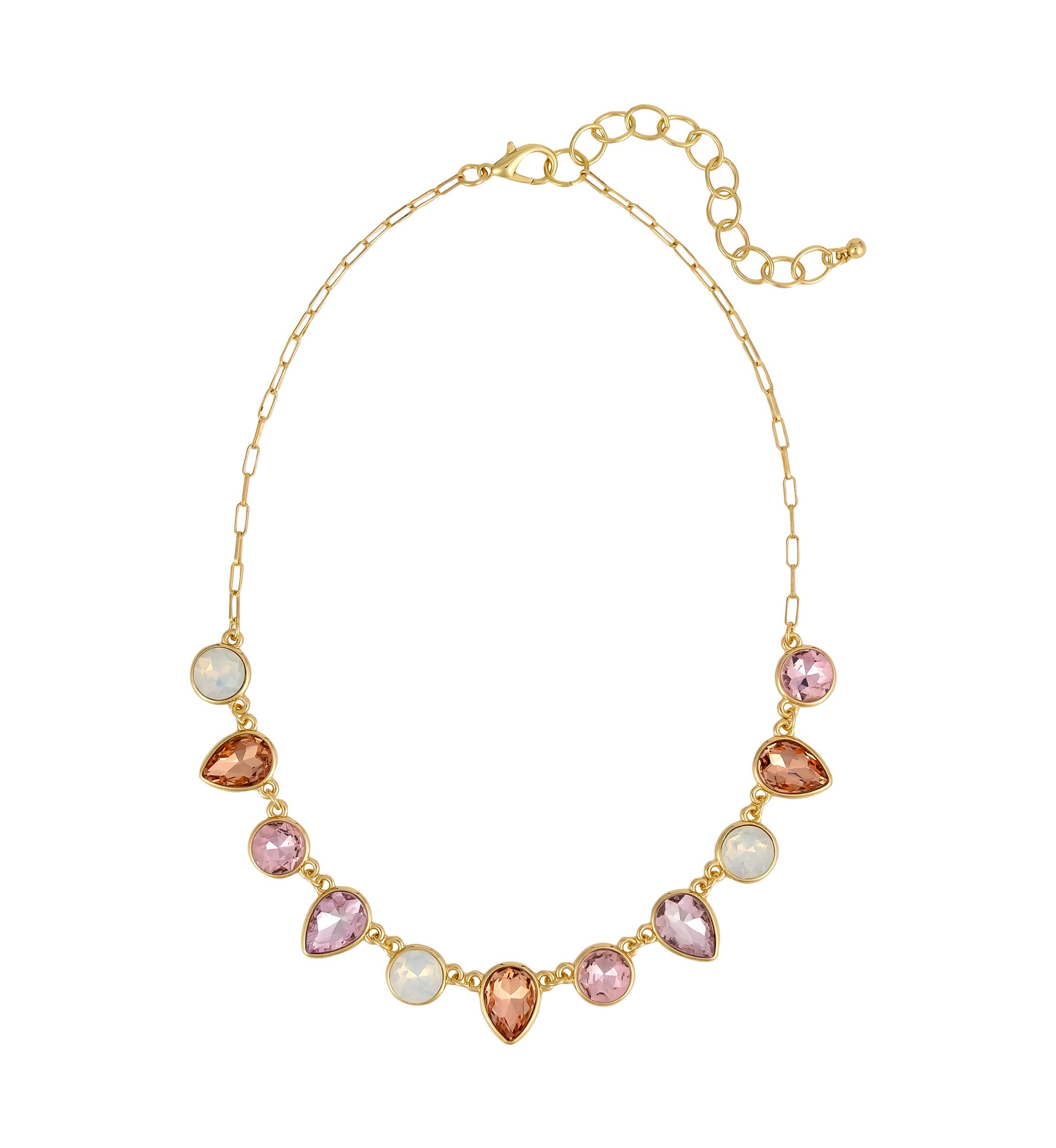 Gold Tone One Row  Pink Multi Teardrop Stone Frontal Necklace