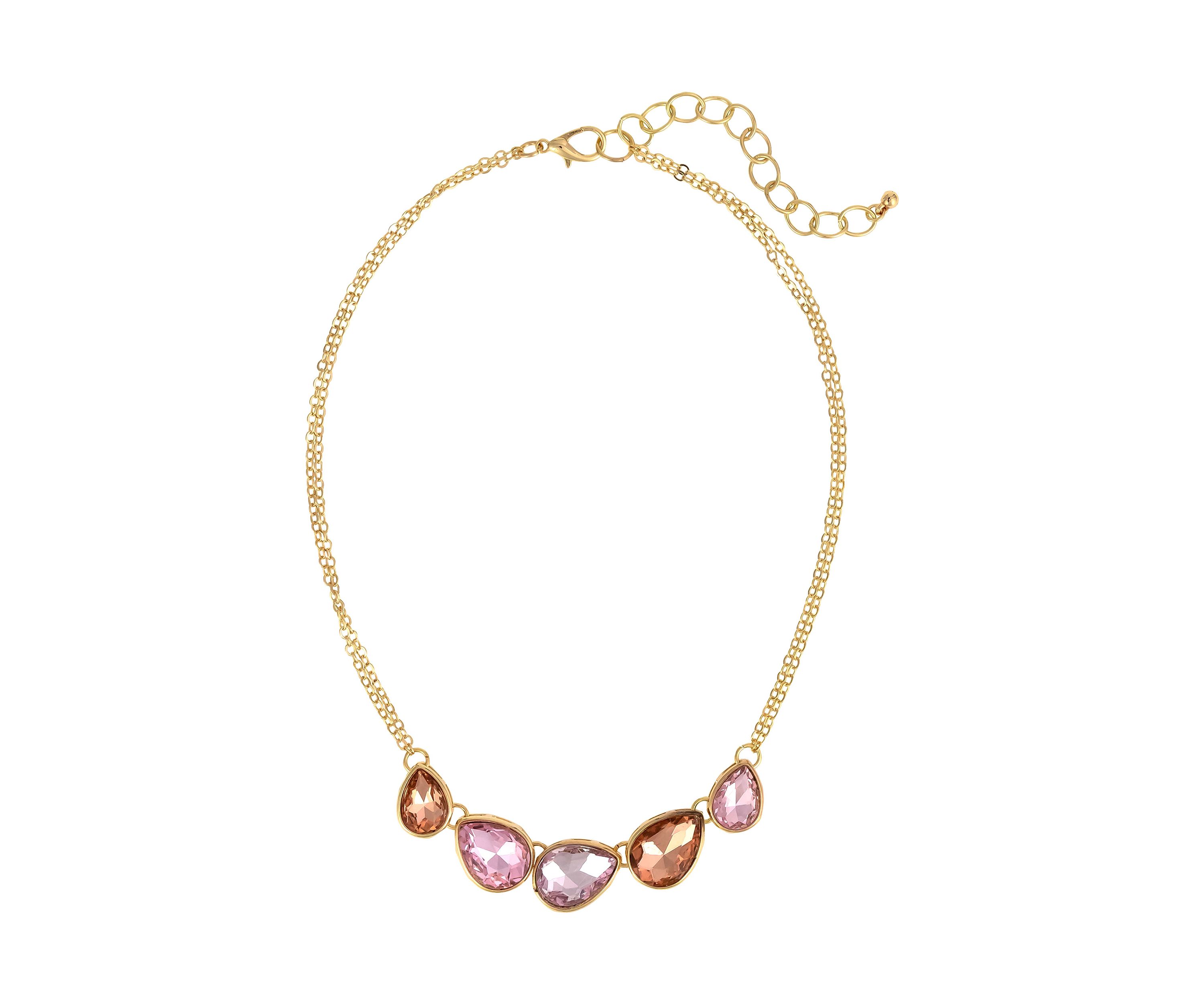 Gold Tone Single Row, 5  Pink Multi Stone Frontal Necklace