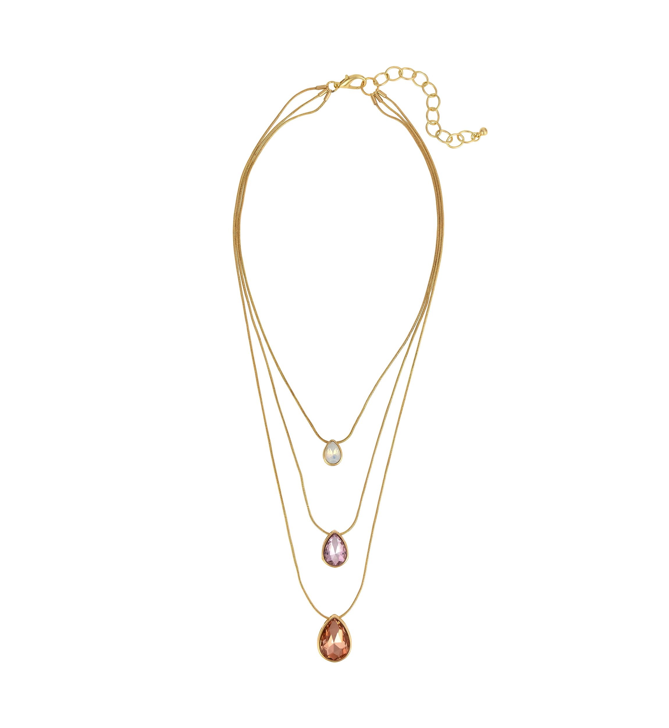 Gold Tone 3 Row Layered with Pink Multi Teardrop Stone Drops Necklace