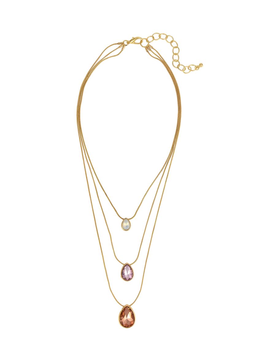 Gold Tone 3 Row Layered with Pink Multi Teardrop Stone Drops Necklace