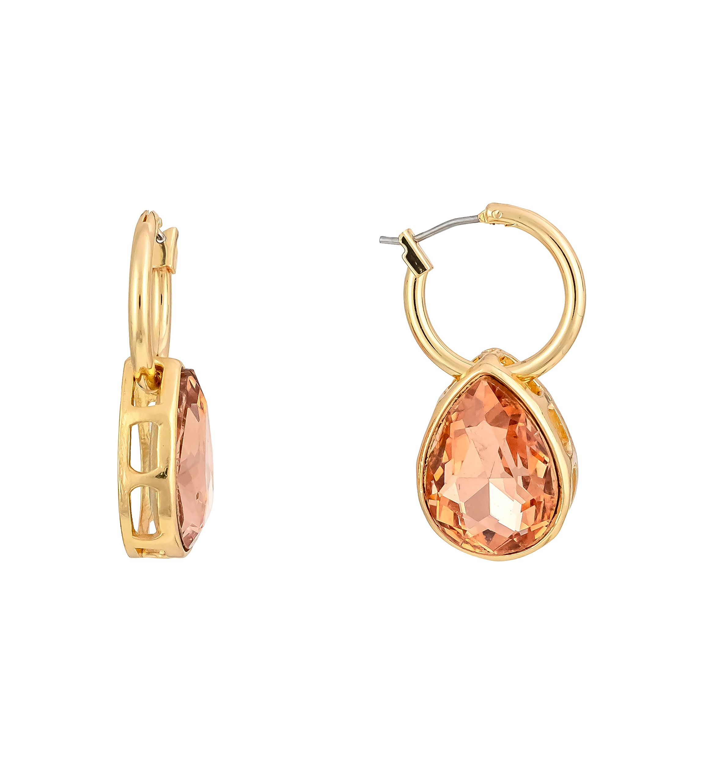 Gold Tone Huggie Hoop With Pink Teardrop Stone Drop Earrings