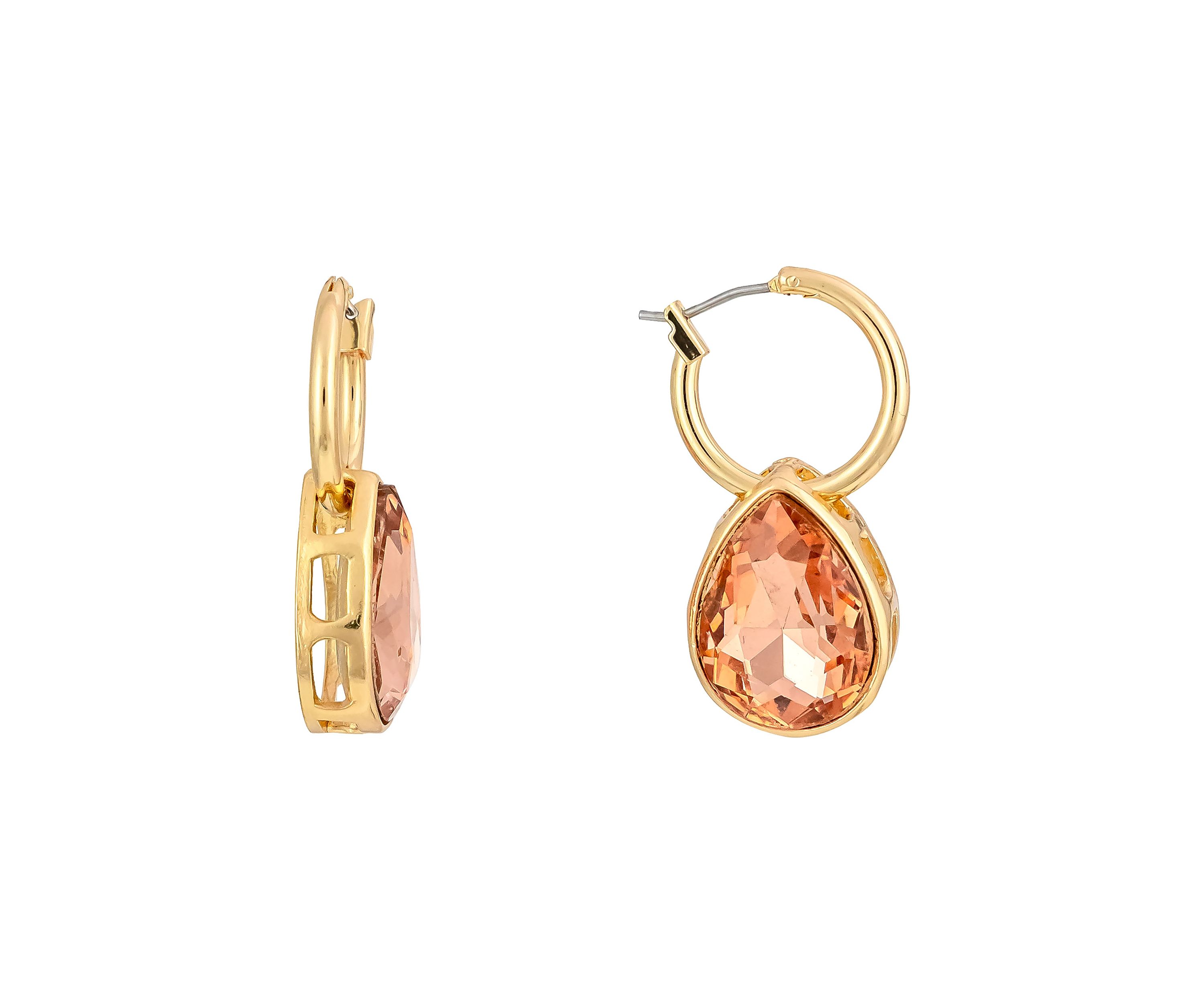 Gold Tone Huggie Hoop With Pink Teardrop Stone Drop Earrings