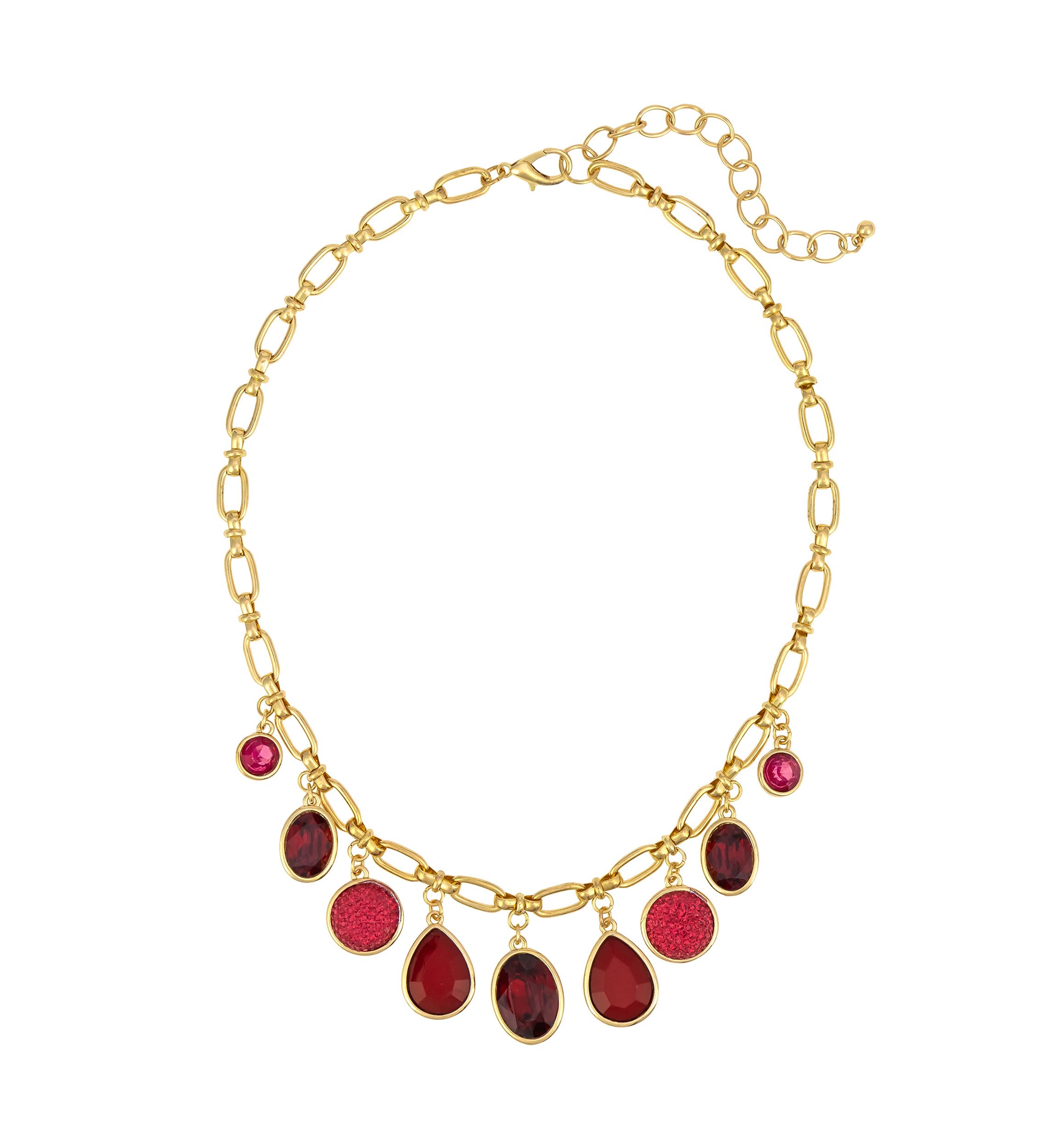 Gold Tone Short Frontal Red Shaky Stone Drops Necklace