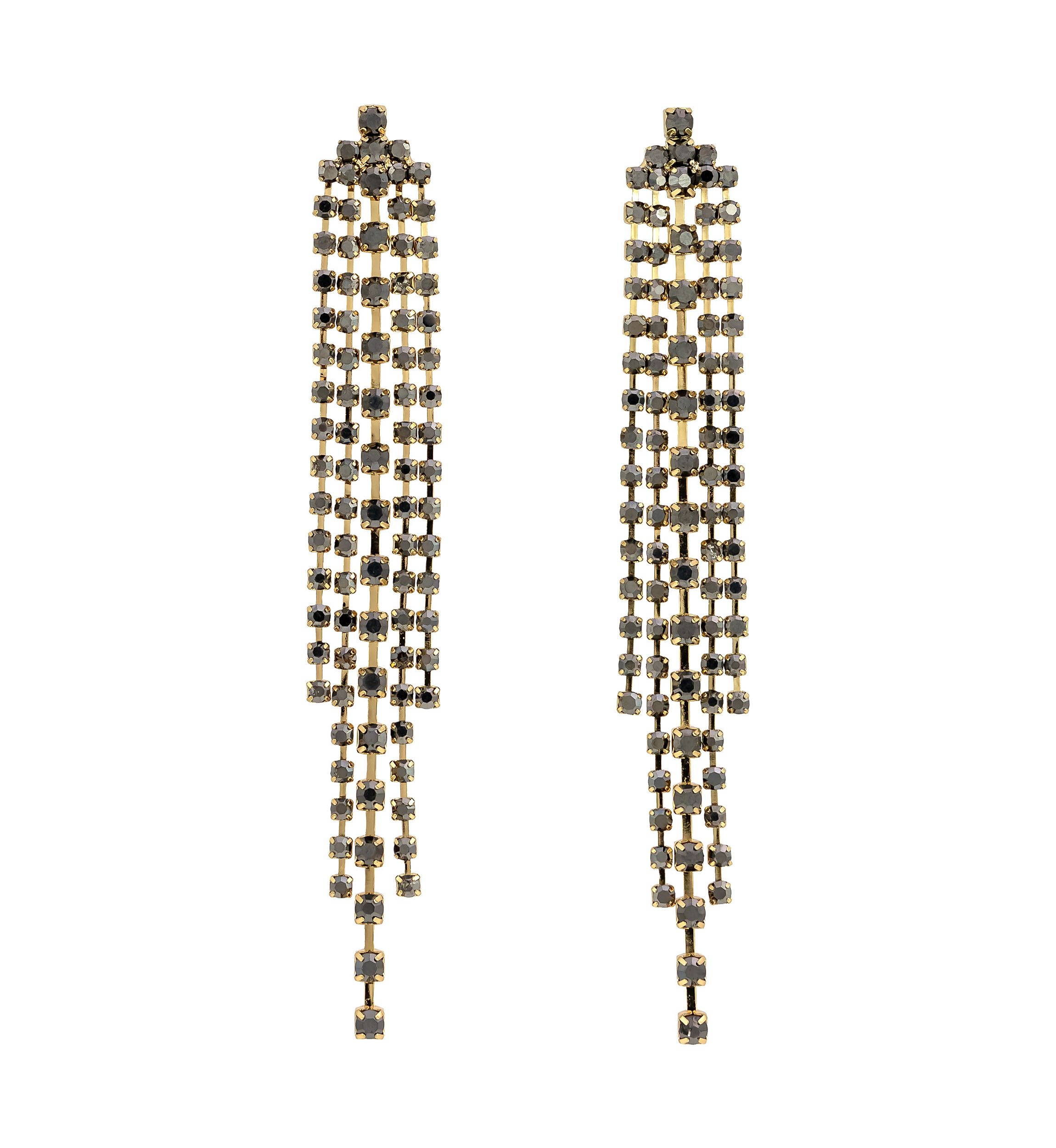 Gold Tone Post Top Hematite Rhinestone Fringe Drop Earrings