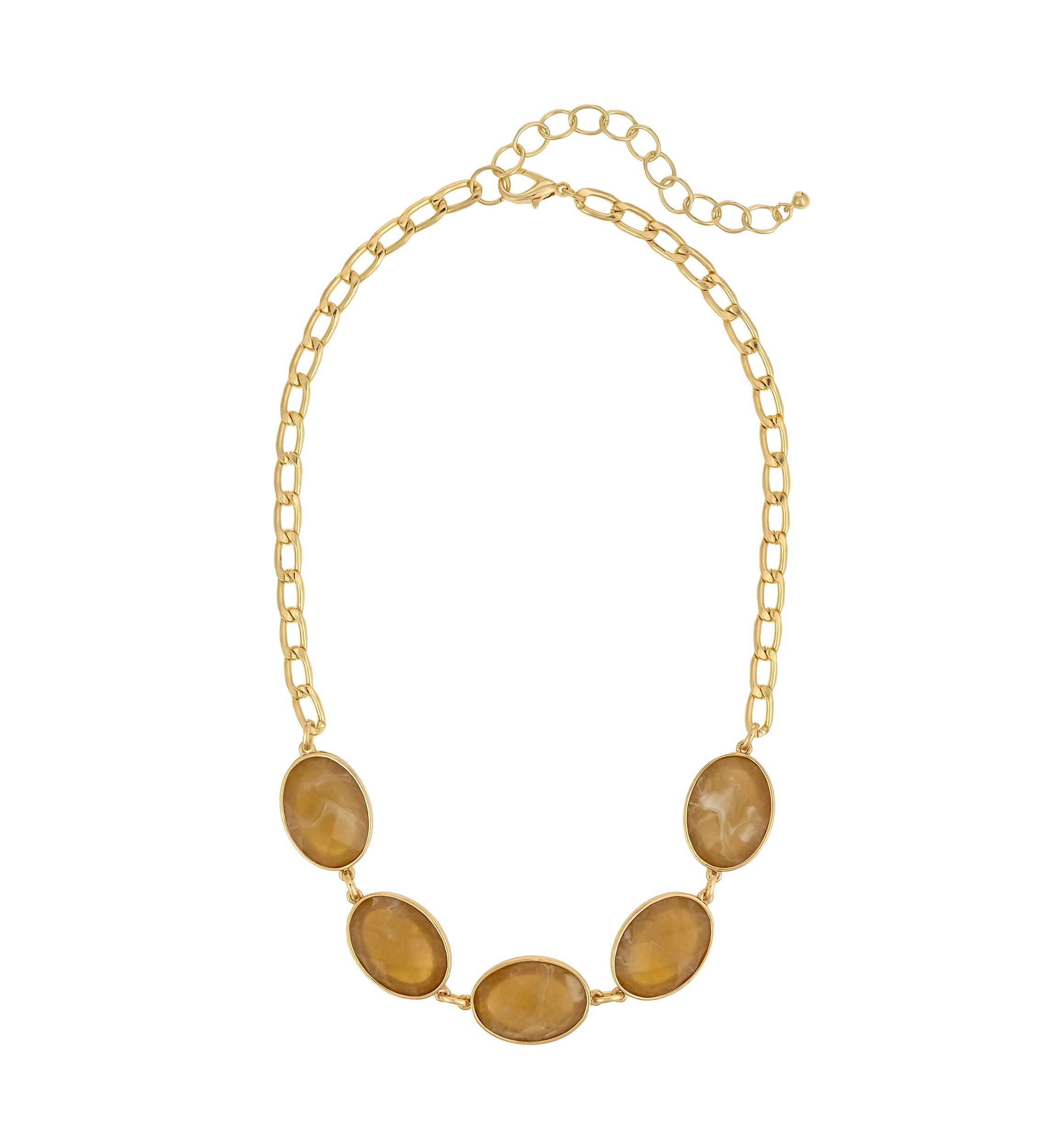 Gold Tone Frontal 5 Part Natural Colored Oval Stone Frontal Necklace