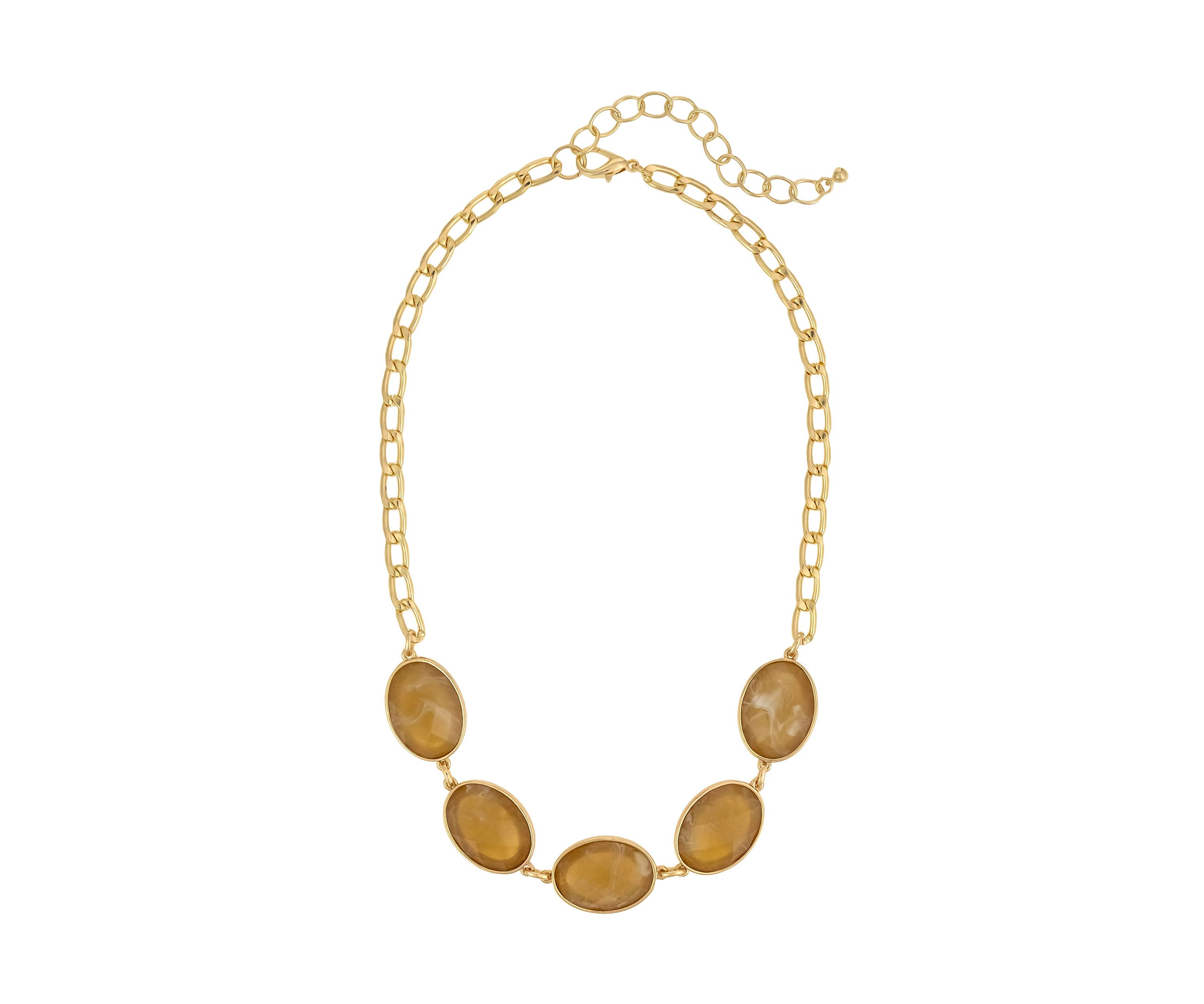 Gold Tone Frontal 5 Part Natural Colored Oval Stone Frontal Necklace