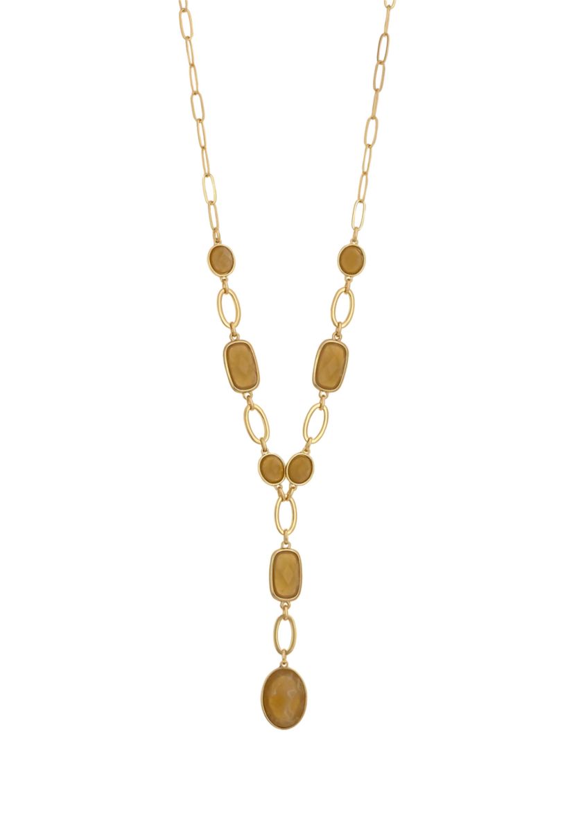 Gold Tone Linked Faceted Natural Colored Stone Y Necklace