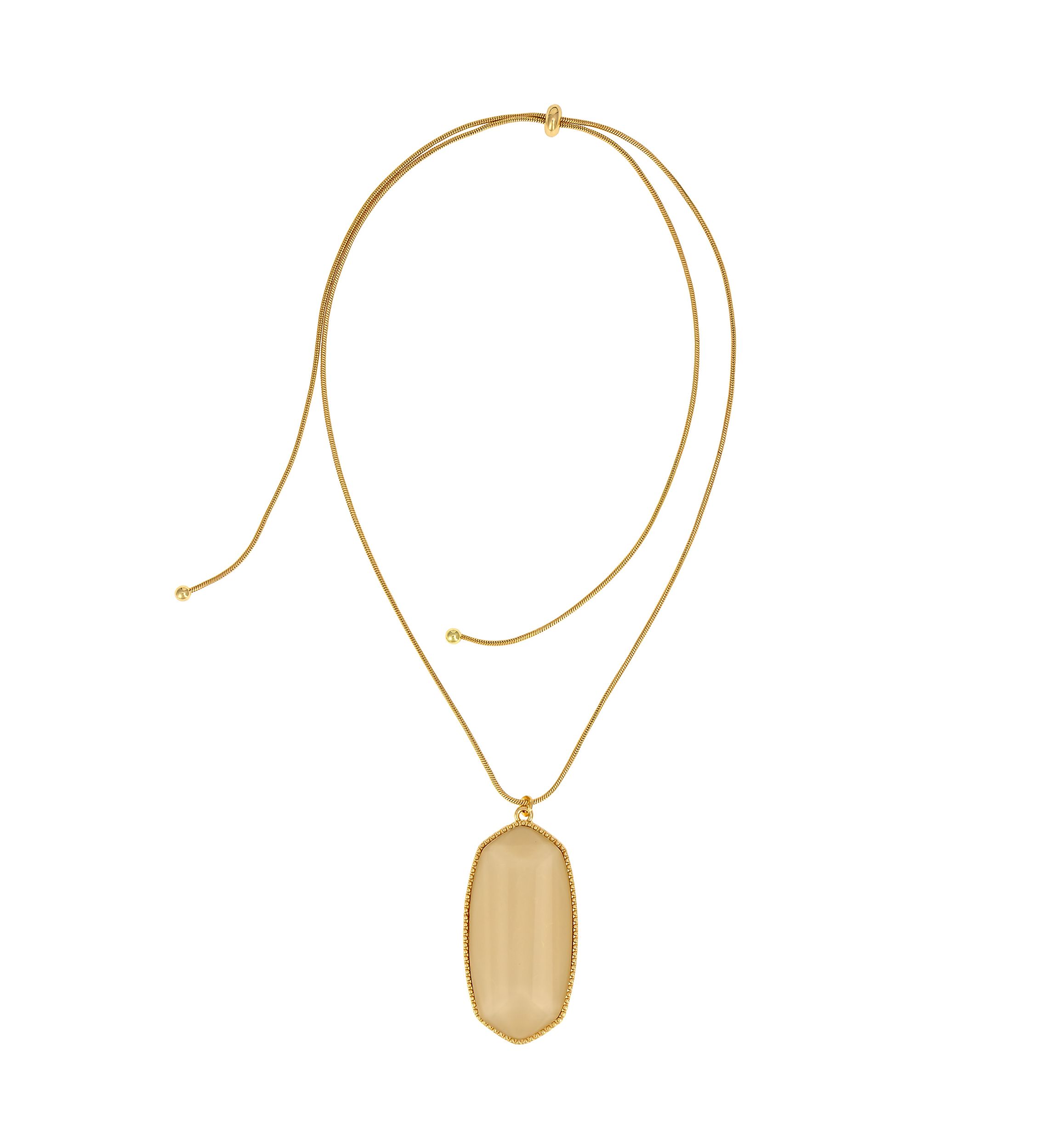 Gold Tone Long Adjustable Large Hexagon Shaped Ivory Stone Pendant Necklace