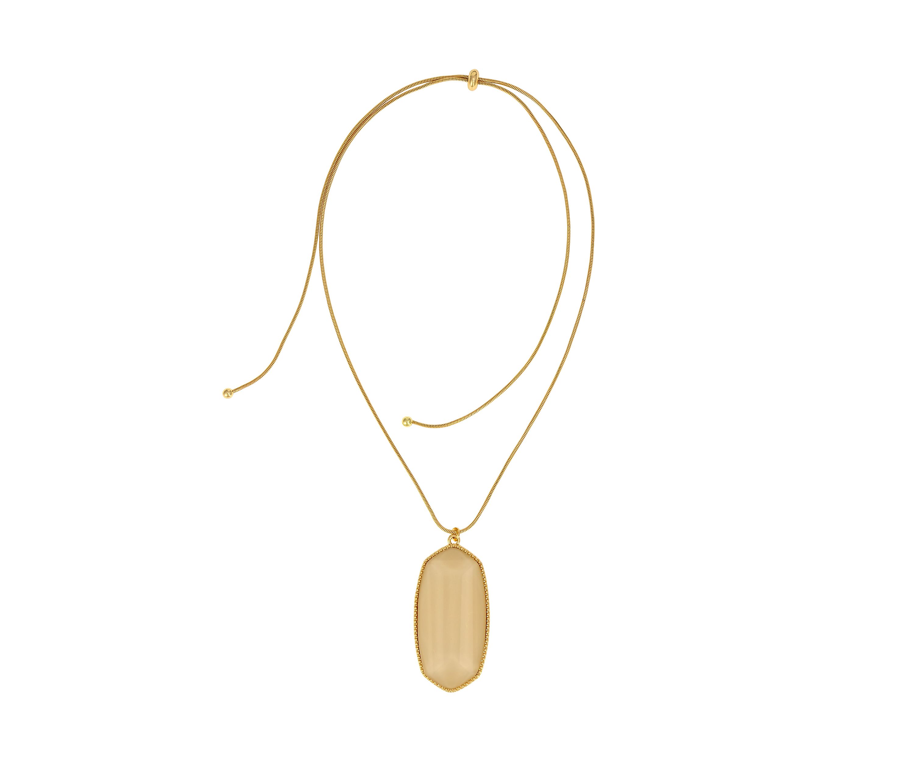 Gold Tone Long Adjustable Large Hexagon Shaped Ivory Stone Pendant Necklace