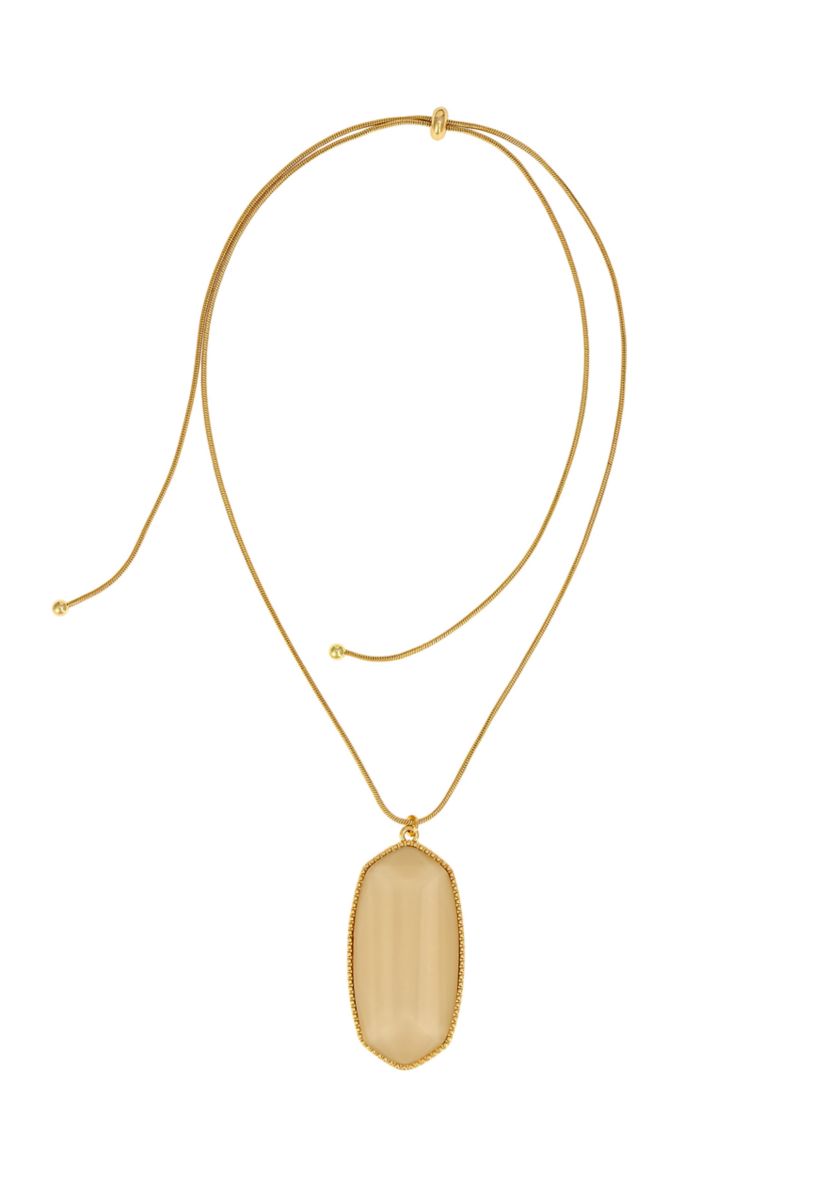 Gold Tone Long Adjustable Large Hexagon Shaped Ivory Stone Pendant Necklace