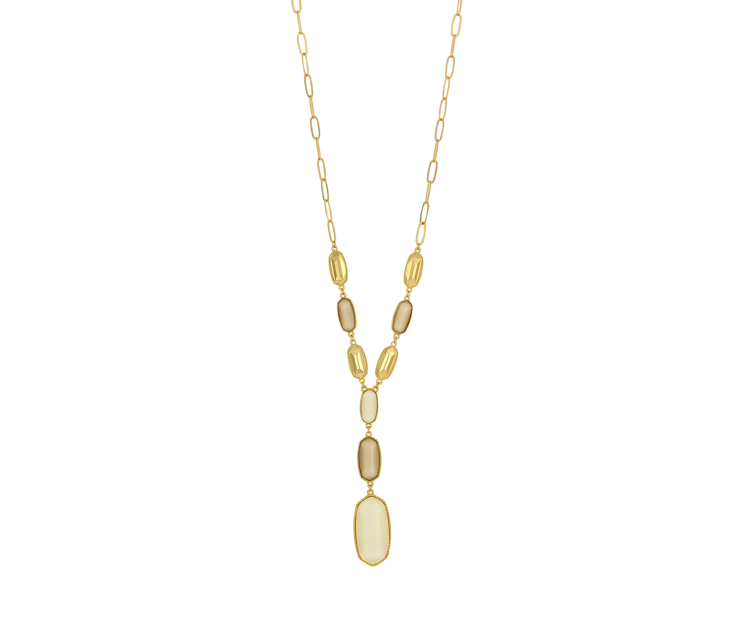 Gold Tone Multi Ivory Hexagon Stone Y Necklace