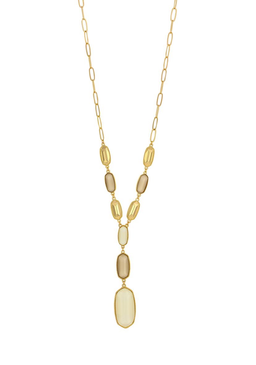 Gold Tone Multi Ivory Hexagon Stone Y Necklace