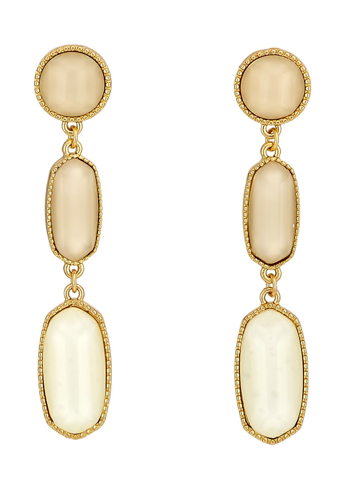 Gold Tone Ivory Graduated Double Hexagon Stone Drop Earrings
