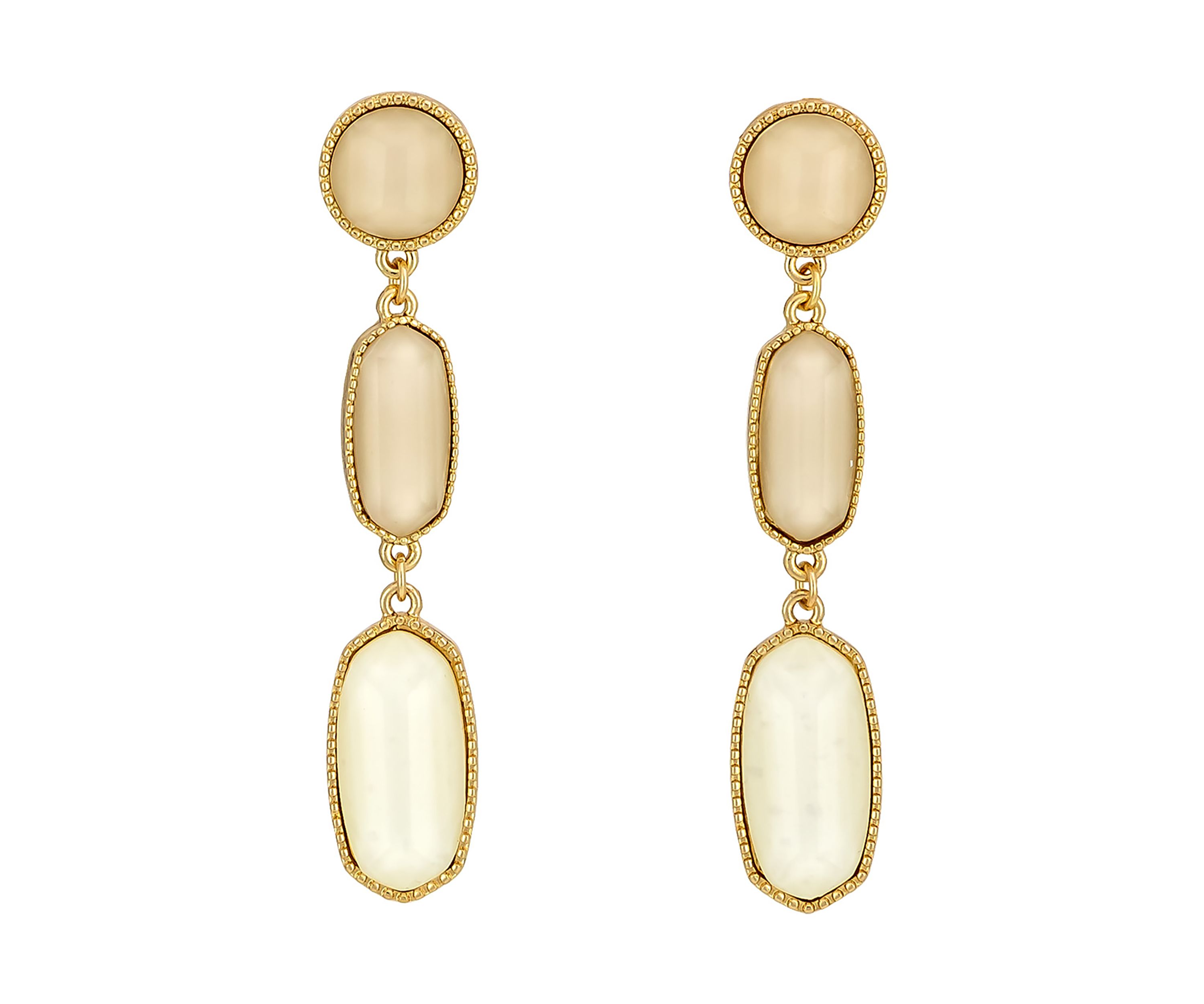 Gold Tone Ivory Graduated Double Hexagon Stone Drop Earrings