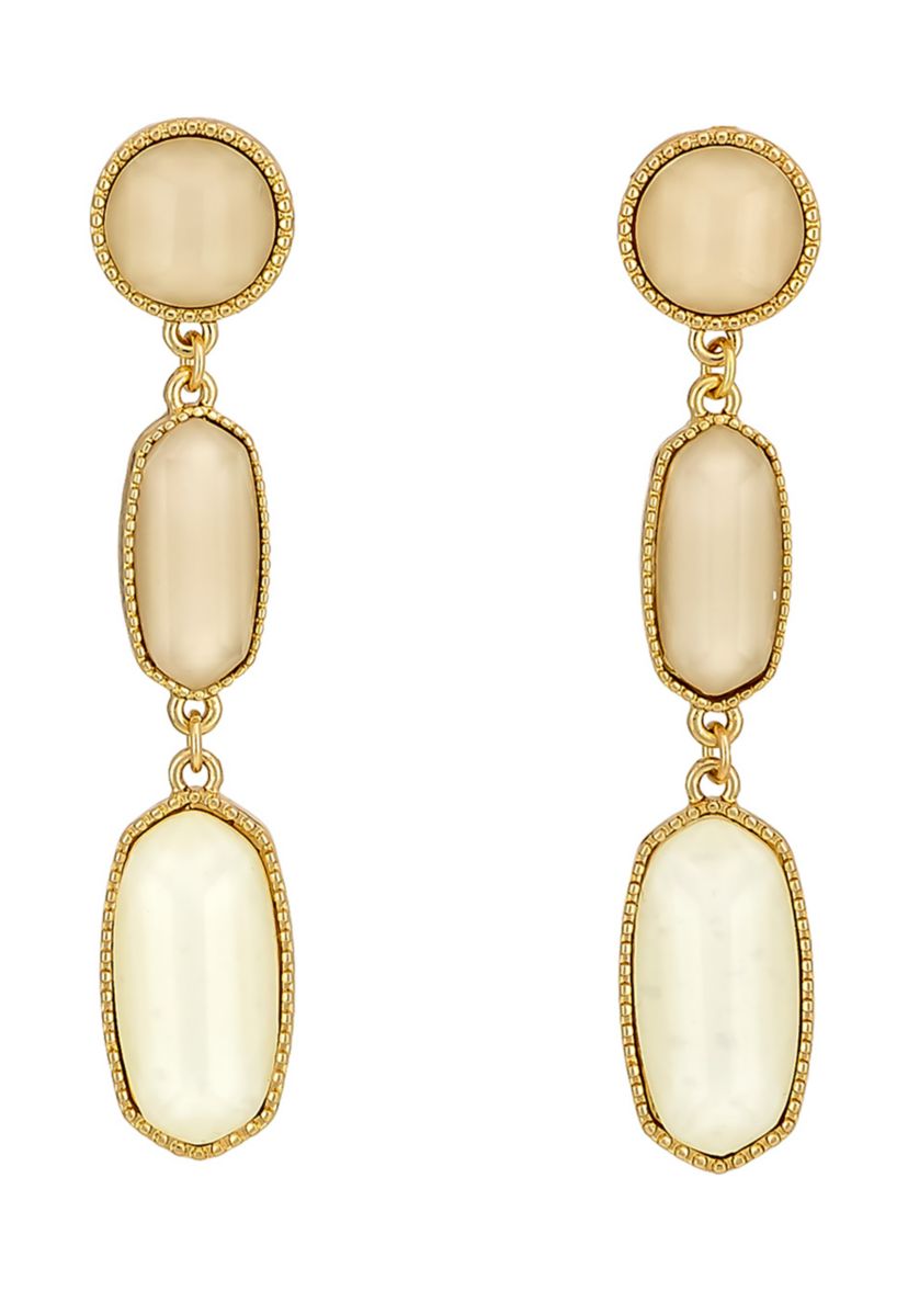 Gold Tone Ivory Graduated Double Hexagon Stone Drop Earrings