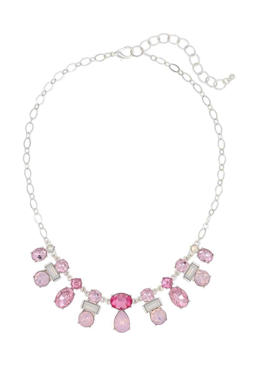 Silver-Tone Multi Pink Stone Frontal Necklace