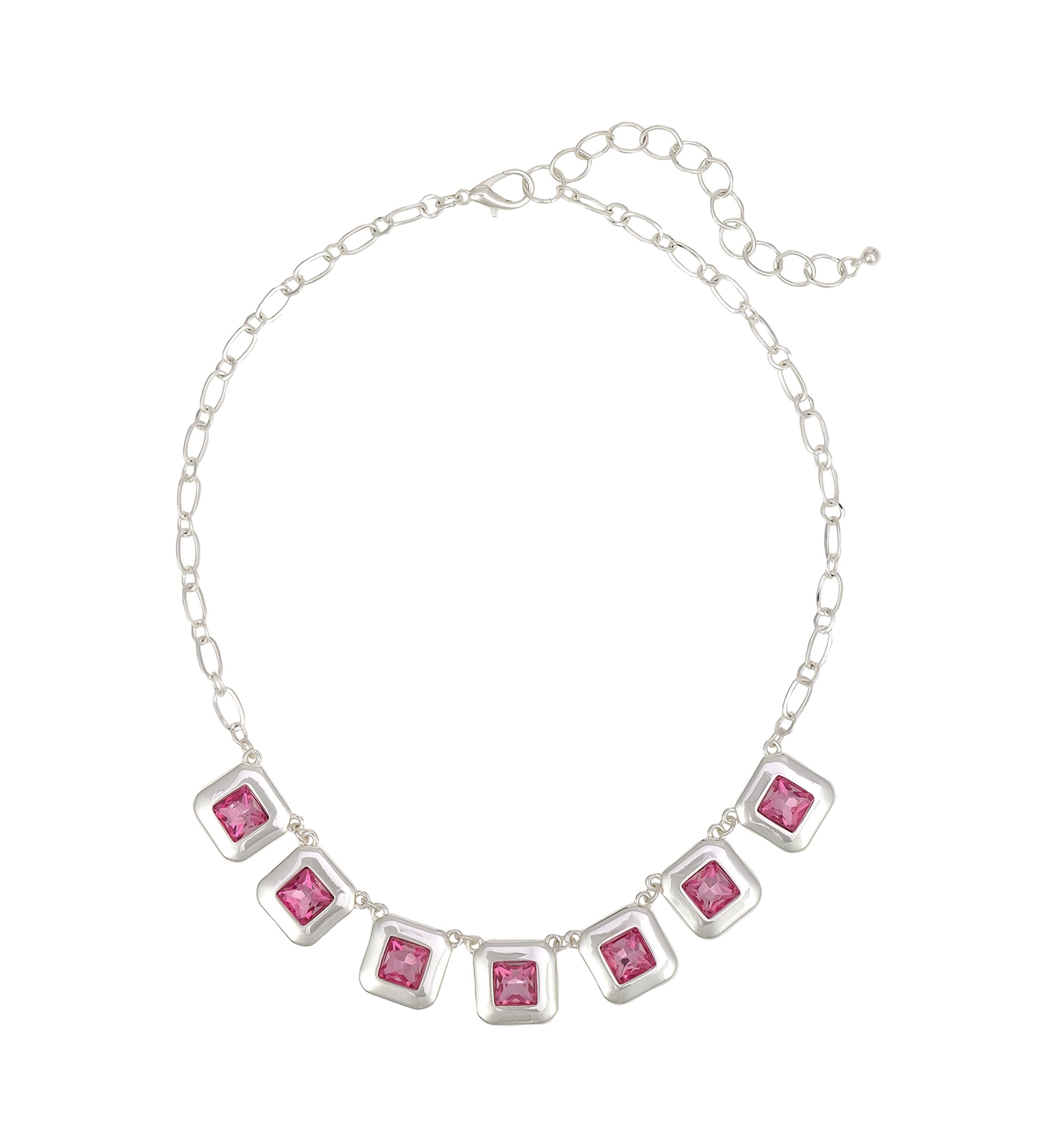 Silver-Tone Rose Square Stones Frontal Necklace