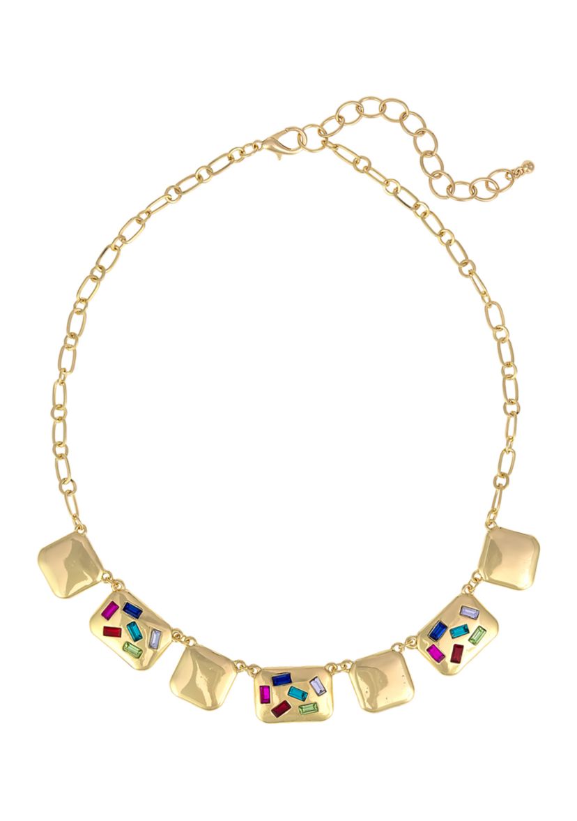 Gold Tone Square and Rectangle Disc Frontal Necklace