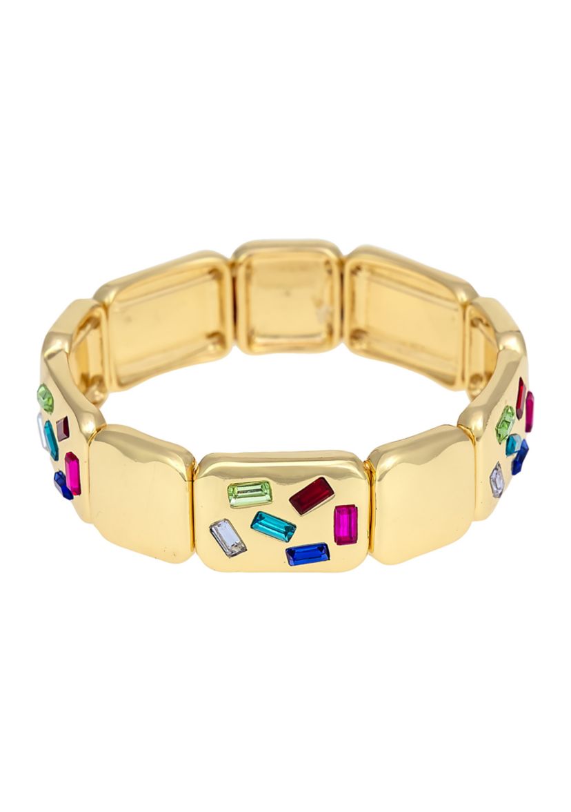 Gold Tone Rectangular Bead Scattered Multi Stone Stretch Bracelet