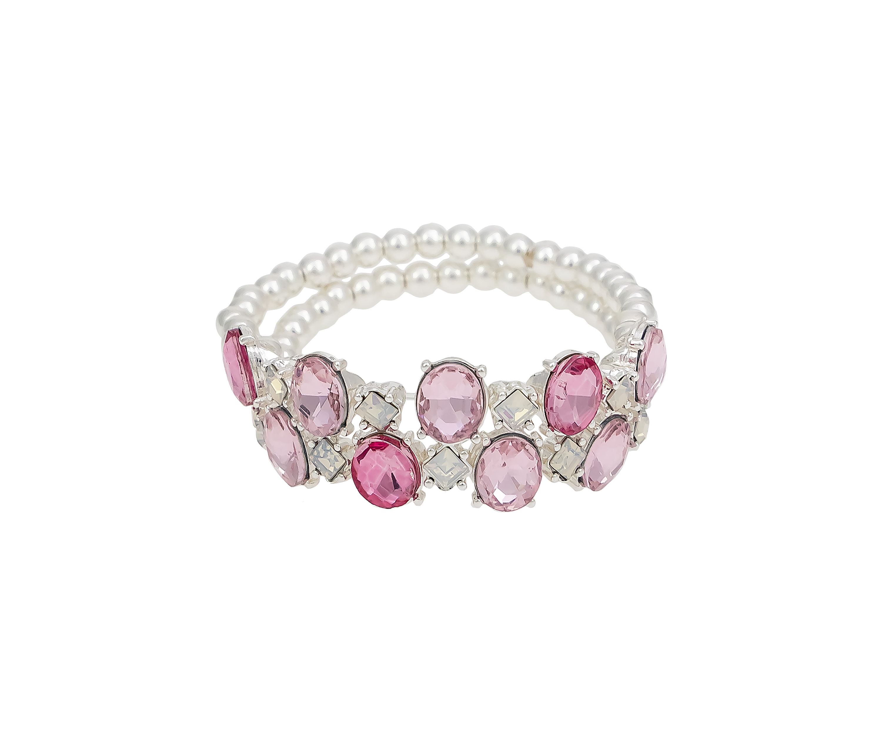 Silver-Tone 2 Row Silver Bead Pink Stone Stretch Bracelet