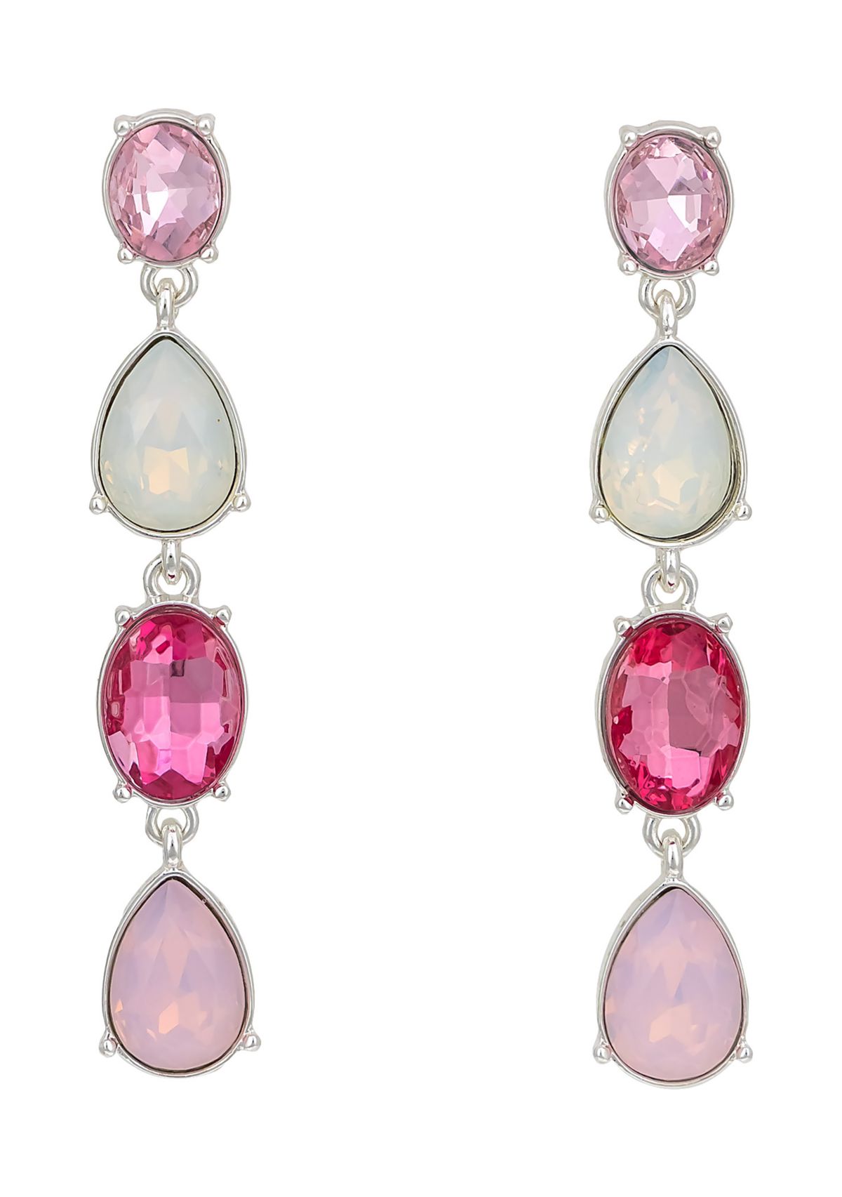Silver-Tone Multi Pink Linked 4 Stone Drop Post Earrings