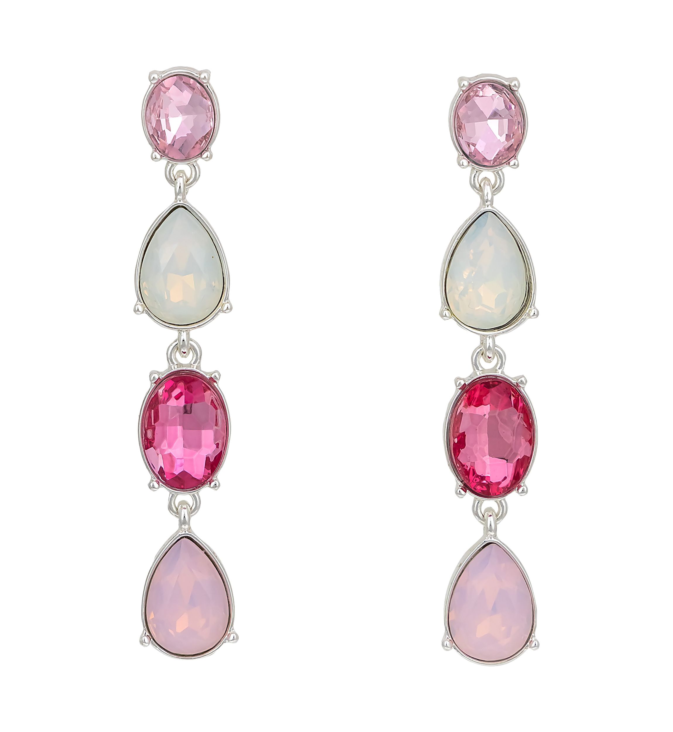Silver-Tone Multi Pink Linked 4 Stone Drop Post Earrings