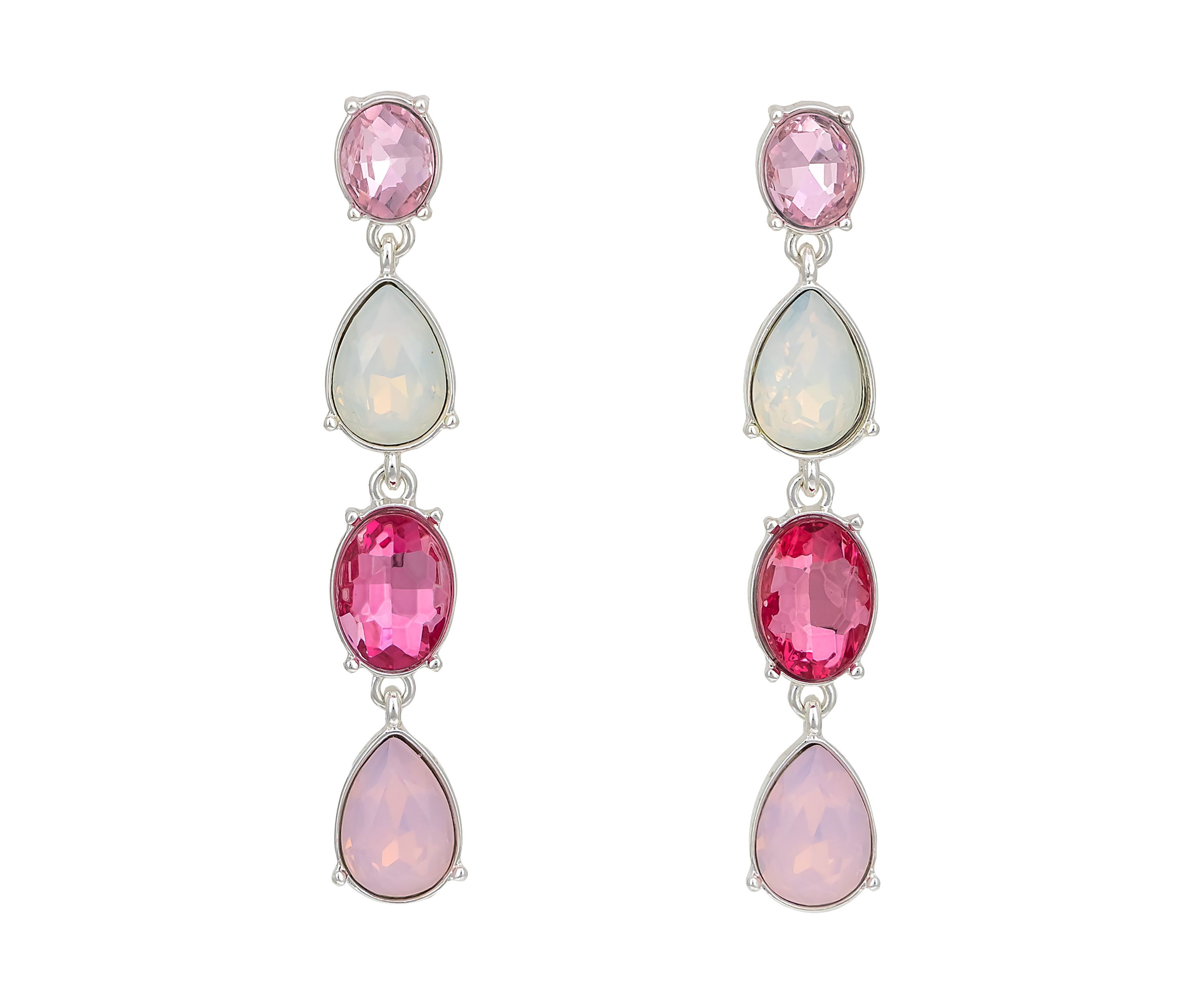 Silver-Tone Multi Pink Linked 4 Stone Drop Post Earrings