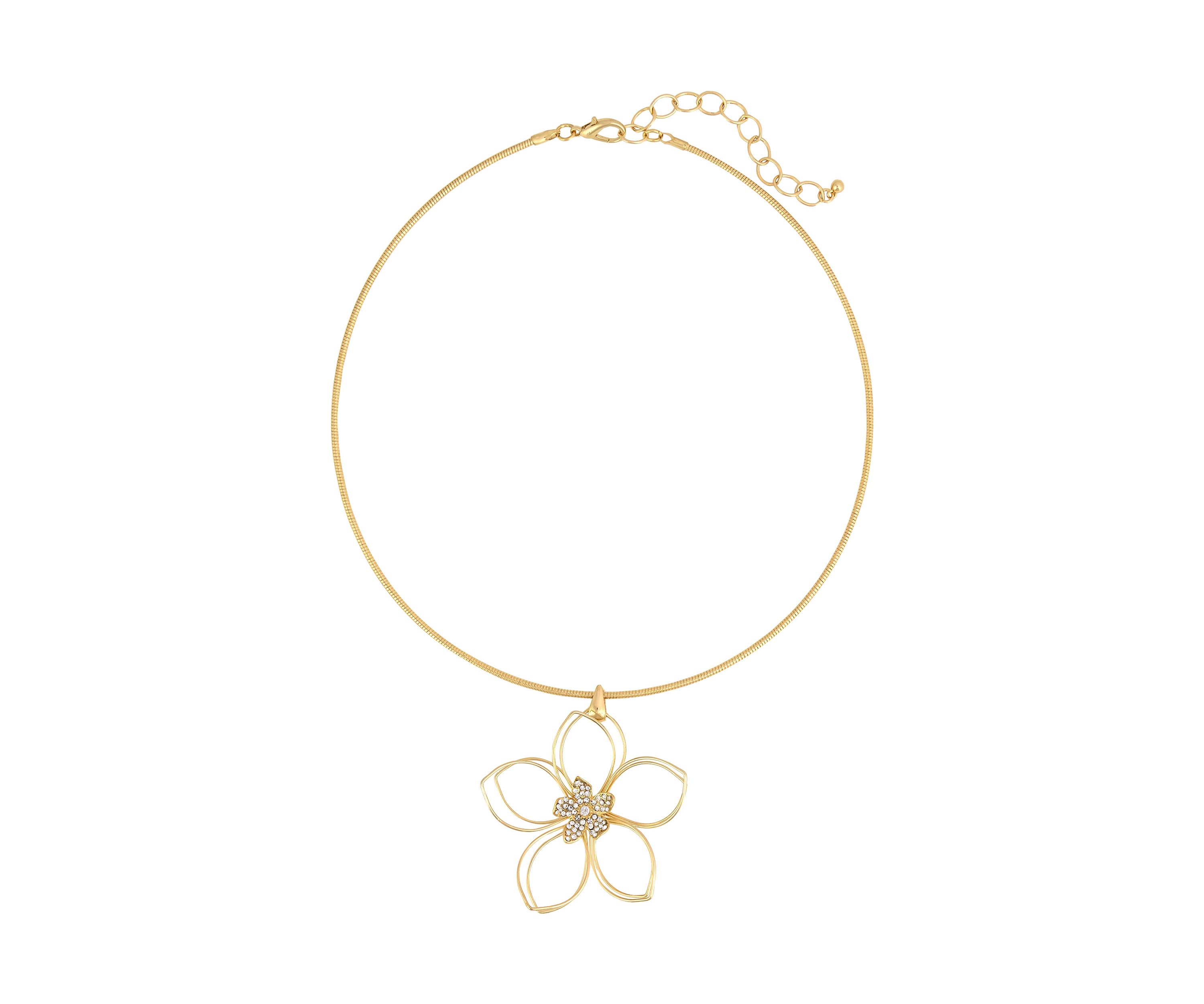 Gold-Tone Open Flower with Crystal Stone Center Pendant Necklace