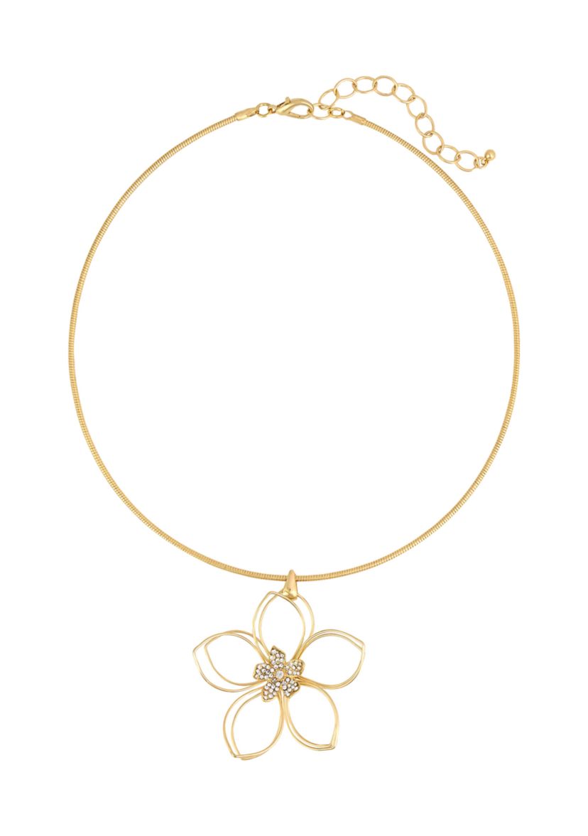 Gold-Tone Open Flower with Crystal Stone Center Pendant Necklace