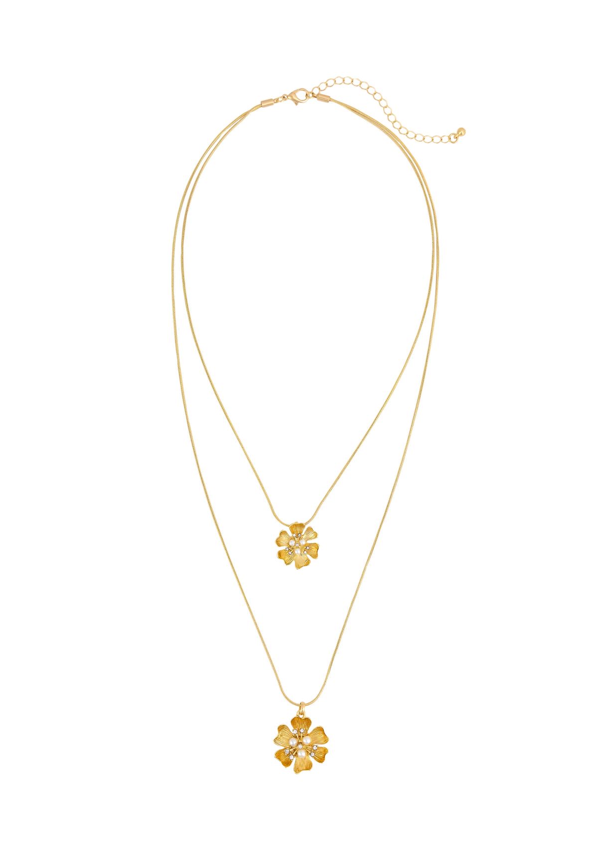 Gold-Tone Layered 2 Row Flower Pendant Drops Necklace