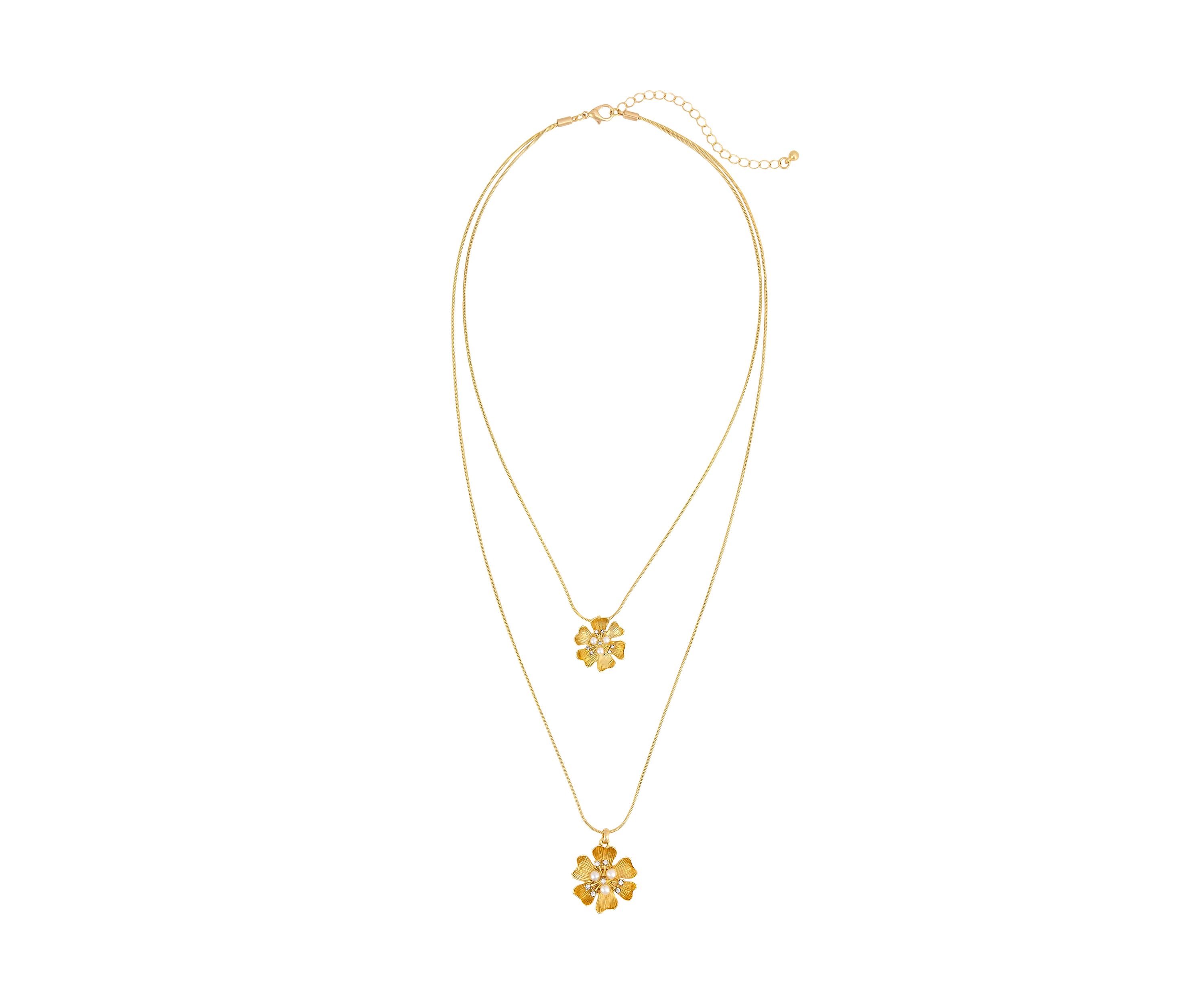 Gold-Tone Layered 2 Row Flower Pendant Drops Necklace