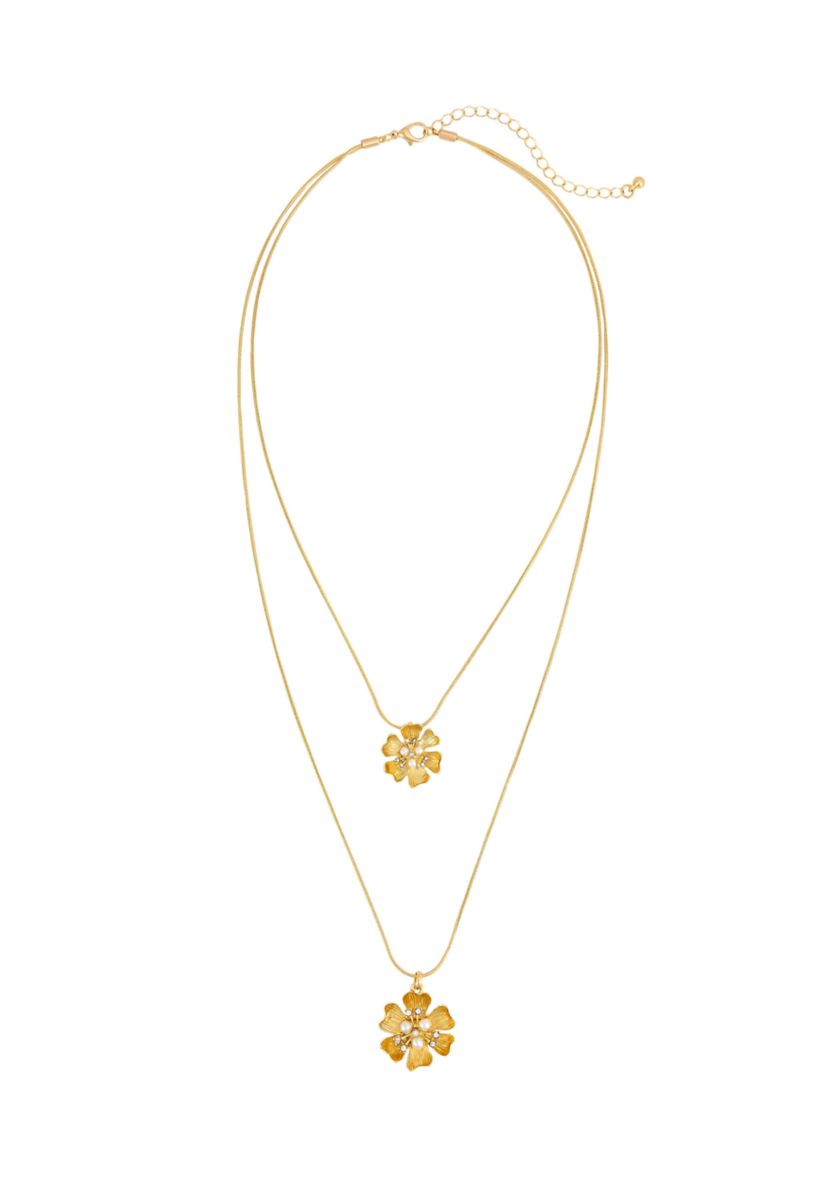 Gold-Tone Layered 2 Row Flower Pendant Drops Necklace
