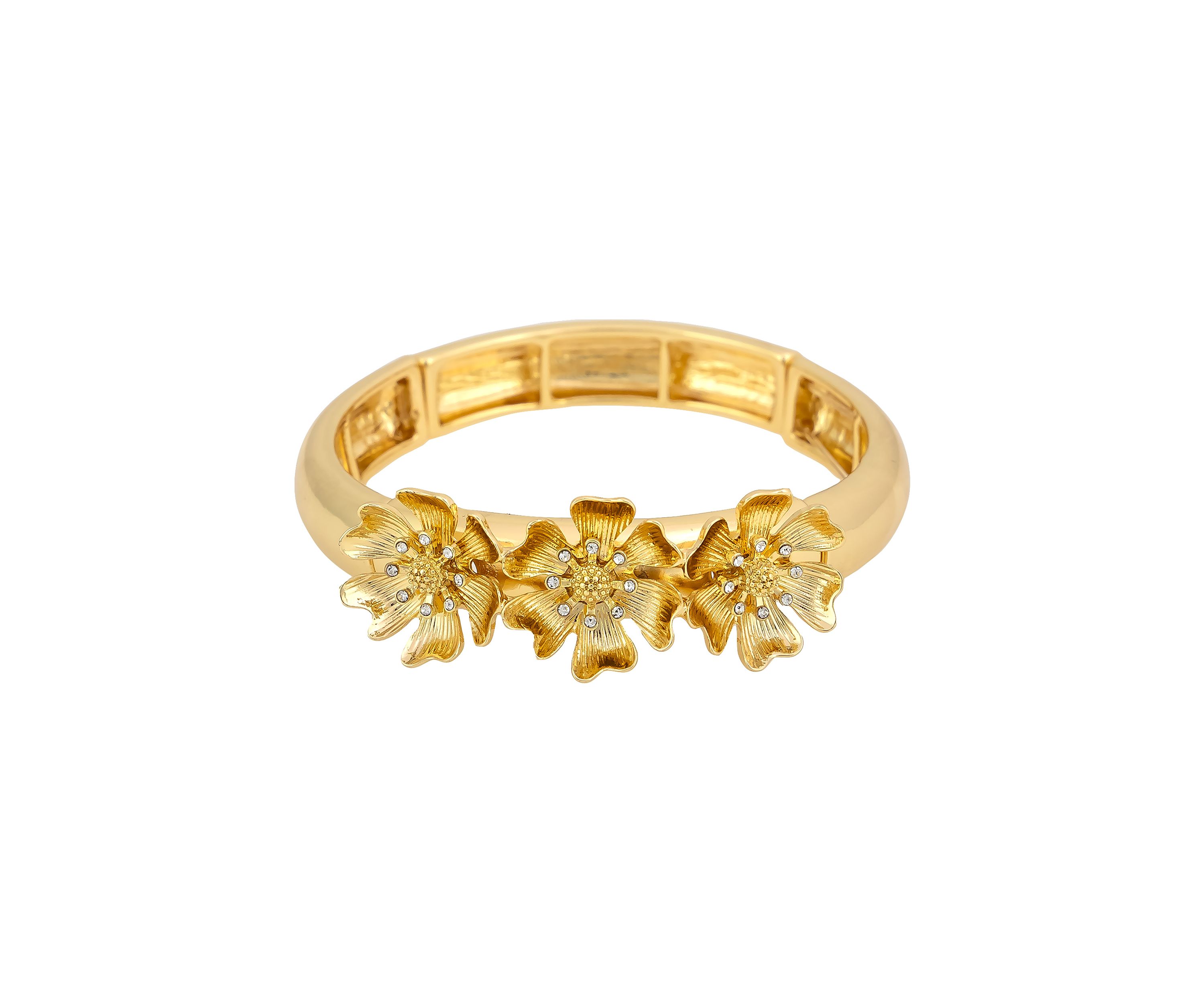 Gold-Tone 3 Part Flower Frontal Stretch Bangle Bracelet
