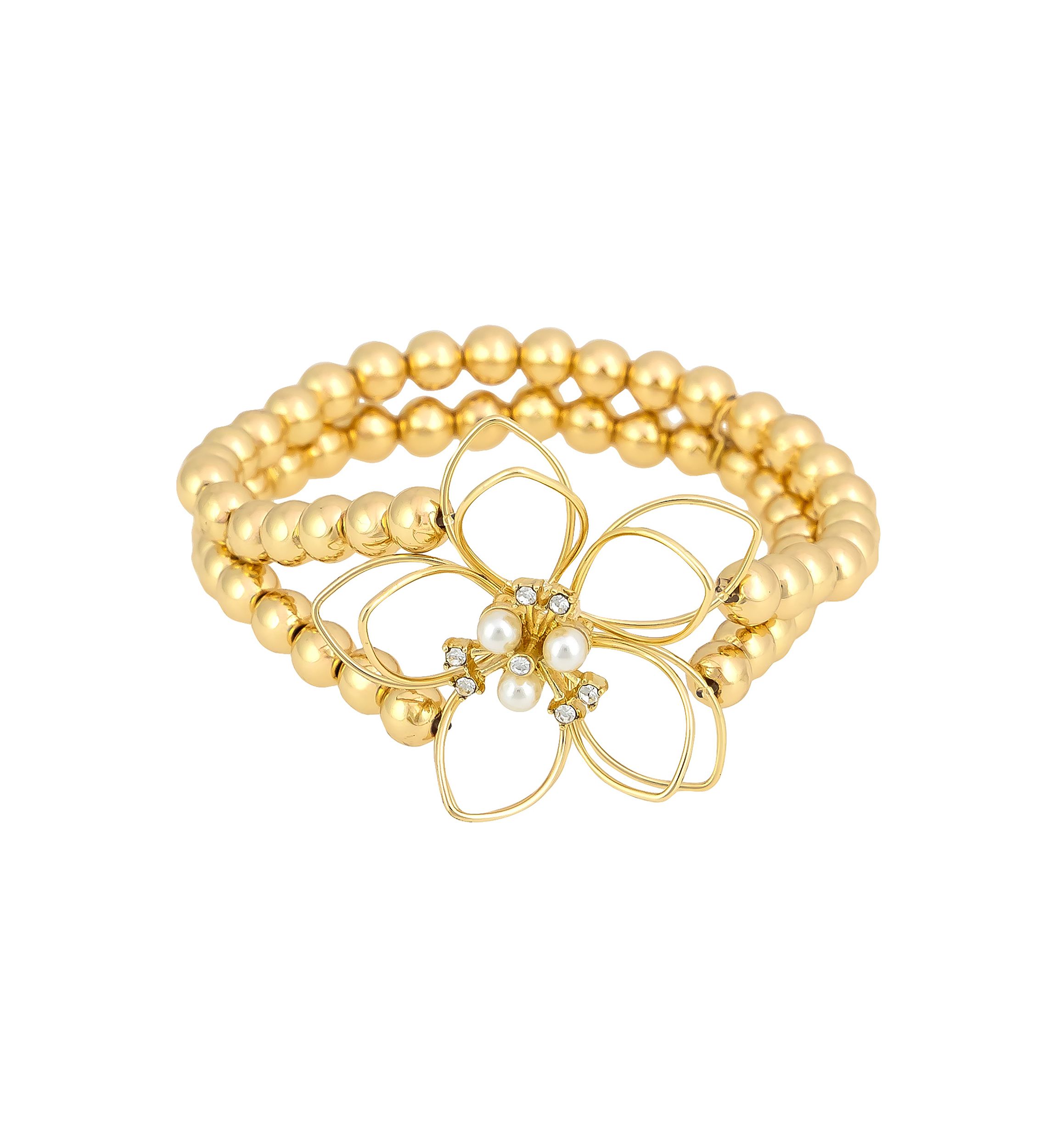 Gold-Tone 2 Row Beaded Open Flower Stretch Bracelet