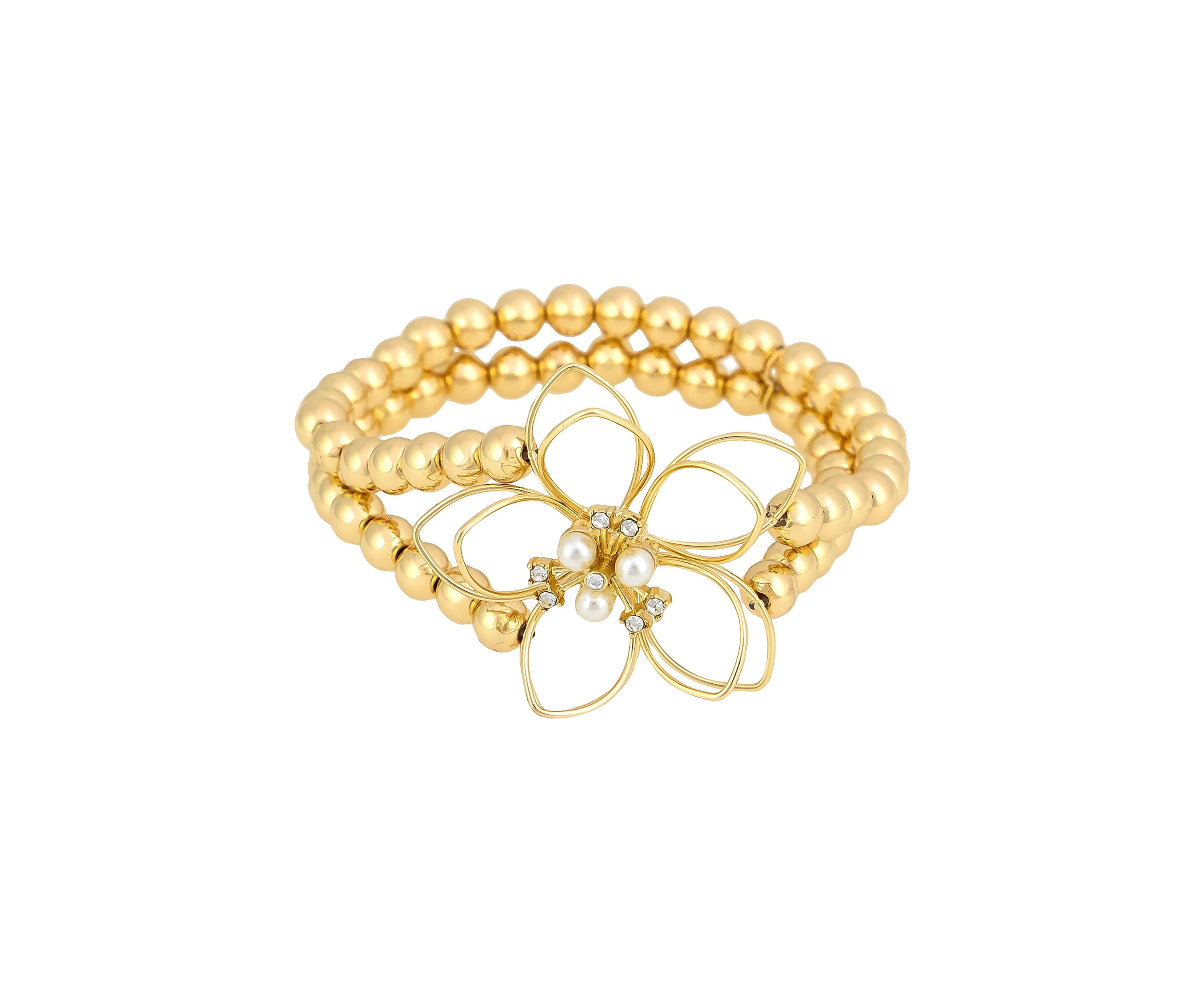 Gold-Tone 2 Row Beaded Open Flower Stretch Bracelet