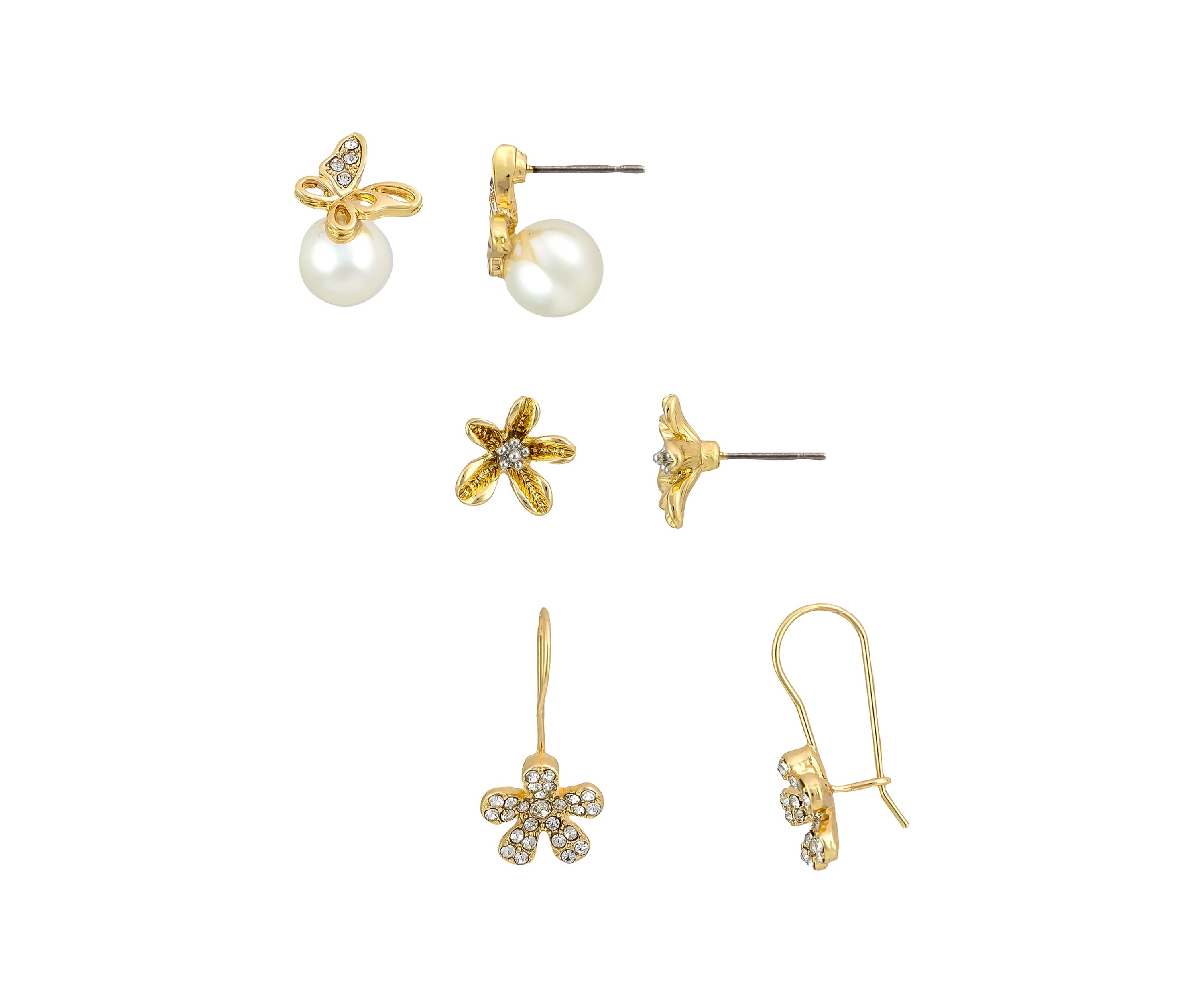Gold Tone Flower, Butterfly, and Pearl Small Flower Drop Earrings Set