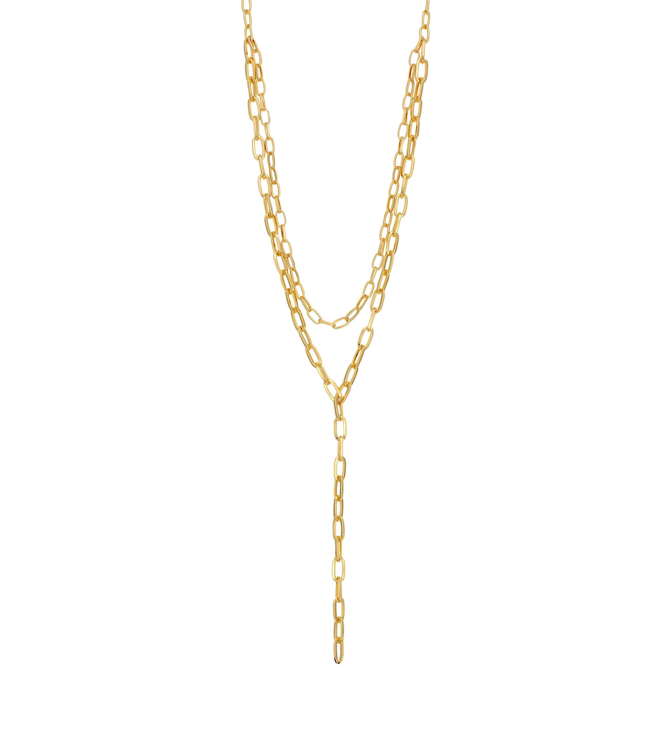Gold Tone Two Row Layered Chain Link Y Necklace