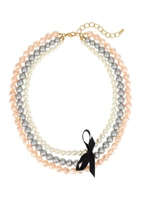 evie & emma Nested Pink and Grey Pearl Removable Black Ribbon Necklace, 17 in