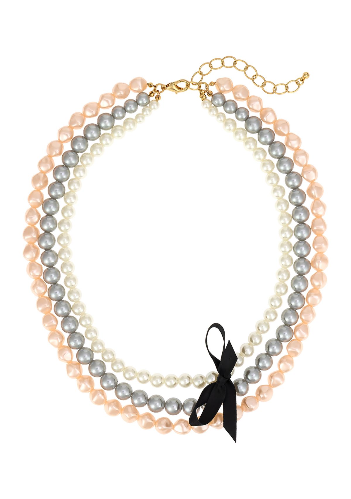 Gold-Tone 3 Row Nested Pink and Gray Pearl Removable Black Ribbon Necklace