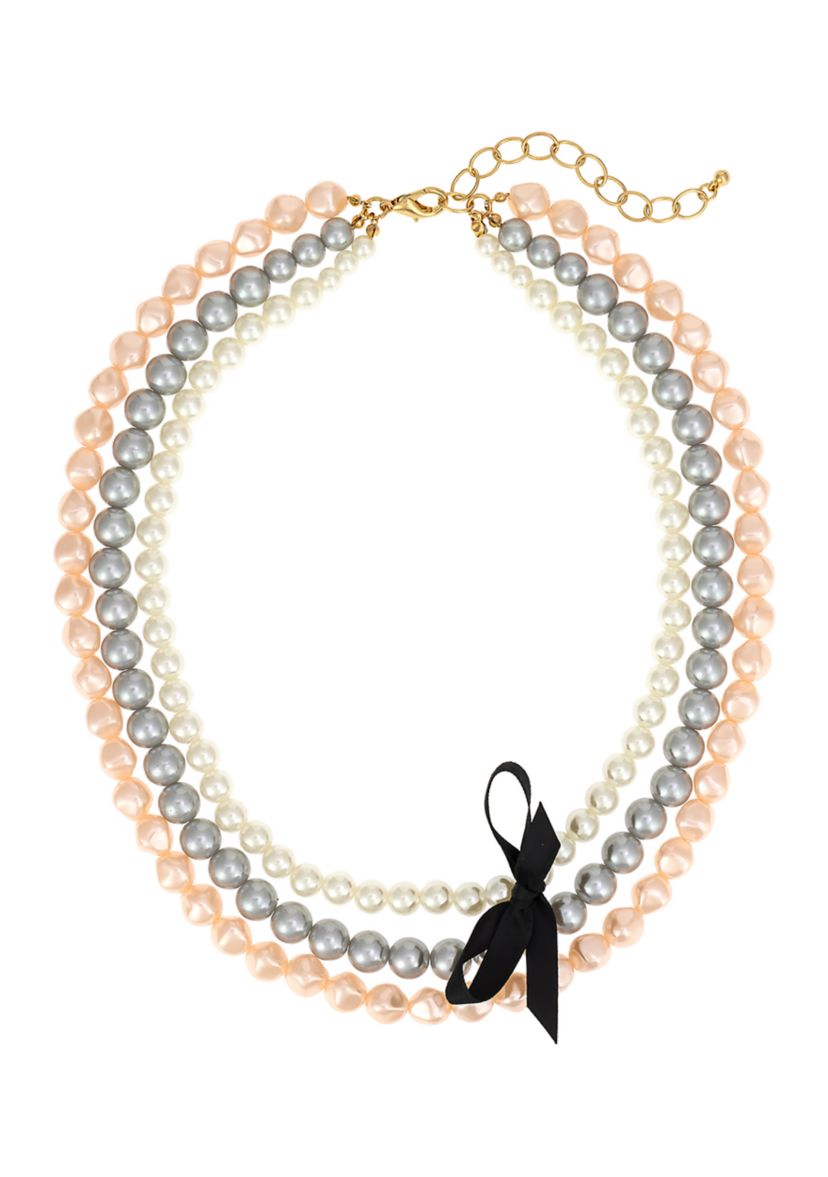 Gold-Tone 3 Row Nested Pink and Gray Pearl Removable Black Ribbon Necklace