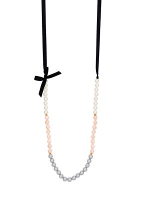 evie & emma Gold-Tone Long White, Gray, and Pink Pearl Color Block Black Ribbon Bow Necklace